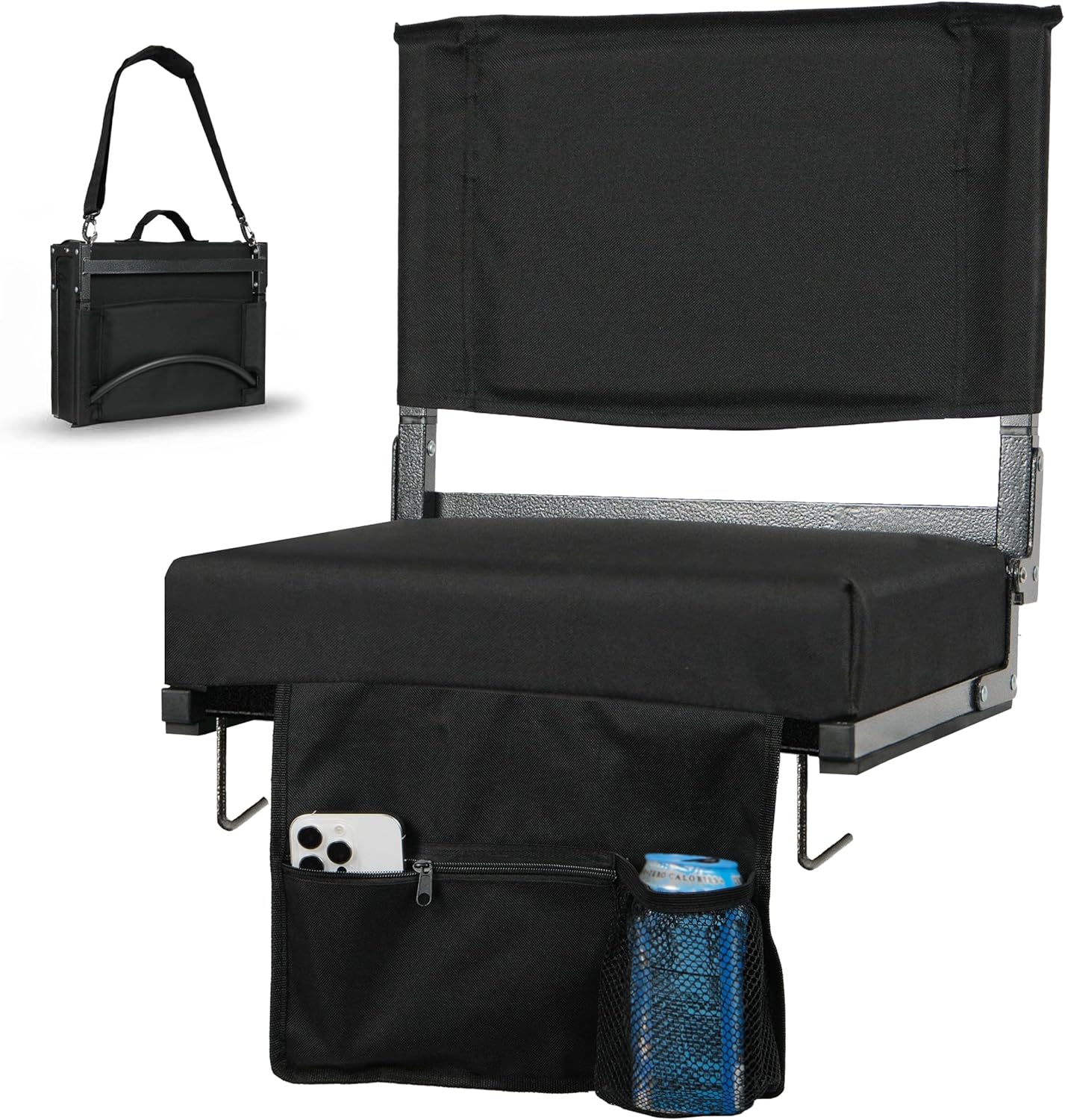 Stadium Seats with 18.5in High Back Support and Thick 3in Foam Cushion Bleacher Chairs with Back and Cushion -Portable Folding Stadium Chair Includes Shoulder Strap and Cup Holder