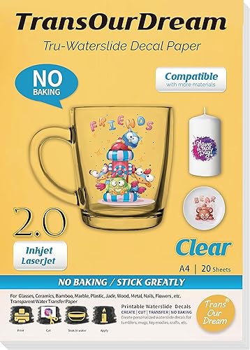 TransOurDream WaterSlide - Papel adhesivo para impresora de inyección de tinta y LaserJet (20 hojas, tamaño A4), papel de transferencia de tobogán