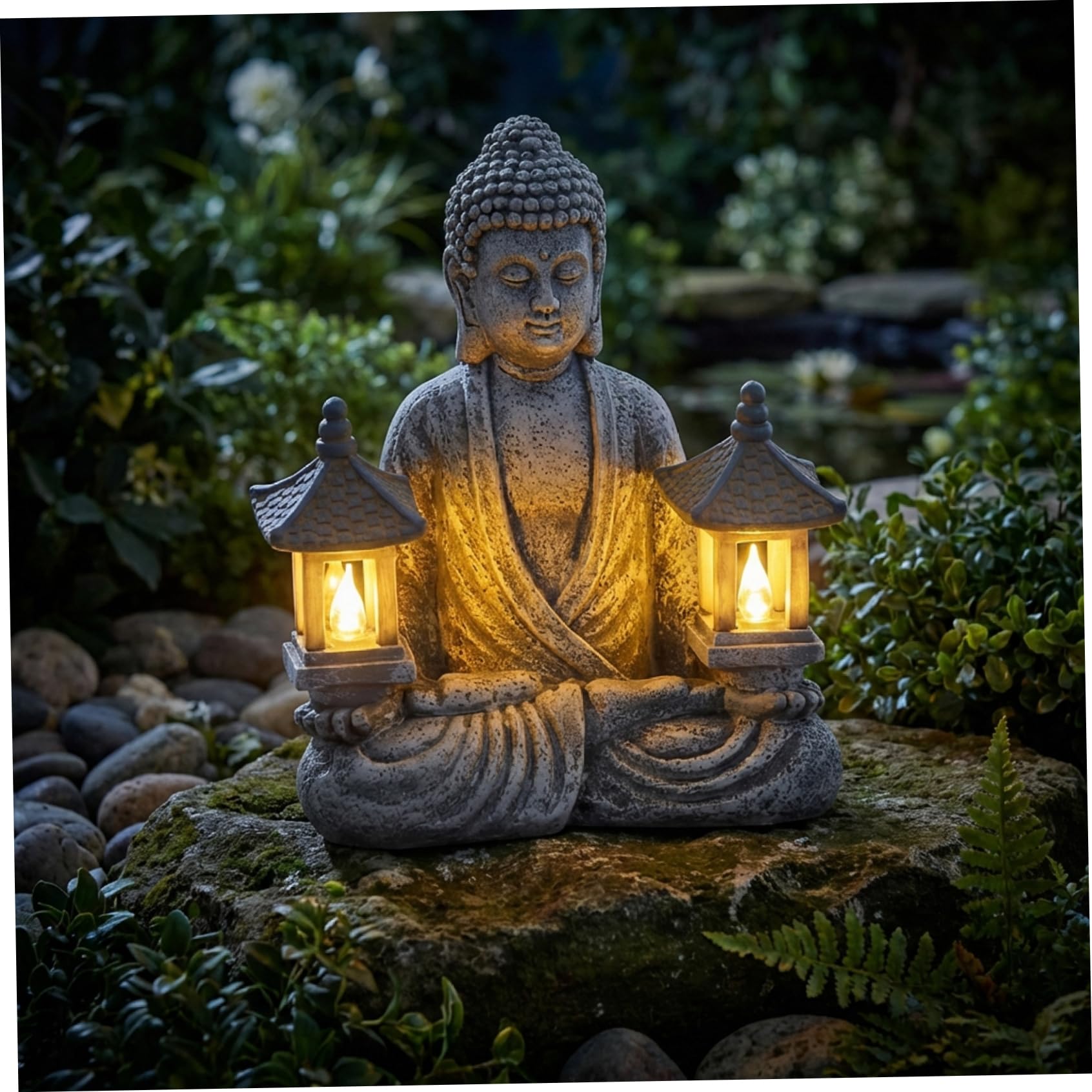 Statue de Bouddha d'extérieur, décoration de Bouddha Solaire avec phares LED, Statue Jardin en résine étanche pour Jardin, Maison, Patio, pelouse 20, 3 x 11, 4 x 23, 1 cm