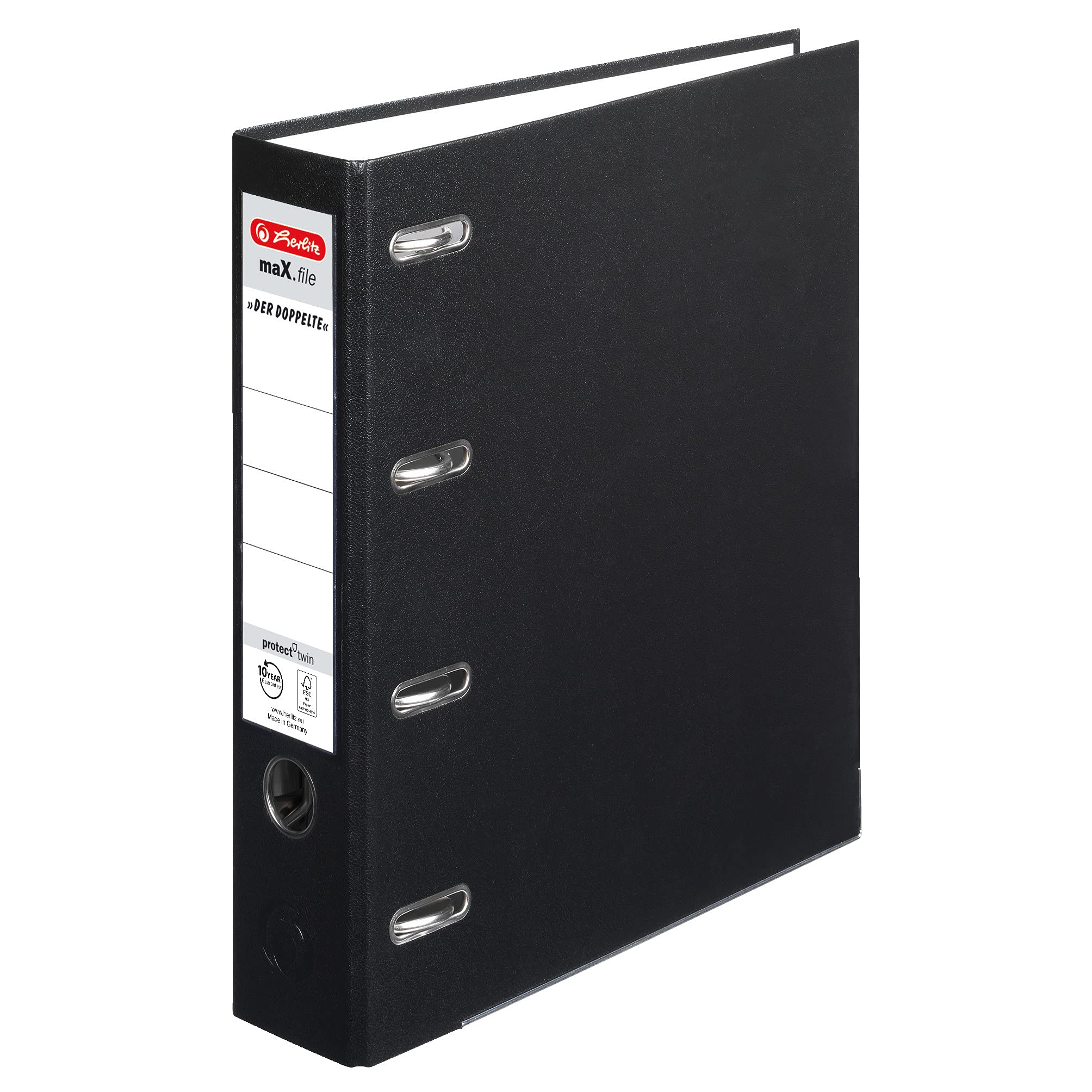 herlitz Doppelordner maX.file protect, A4, Rückenbreite: 7cm, Schwarz, 4 Ring-Mechanik, Ablage: 1 x A4 oder 2 x A5 quer, 10 Stück