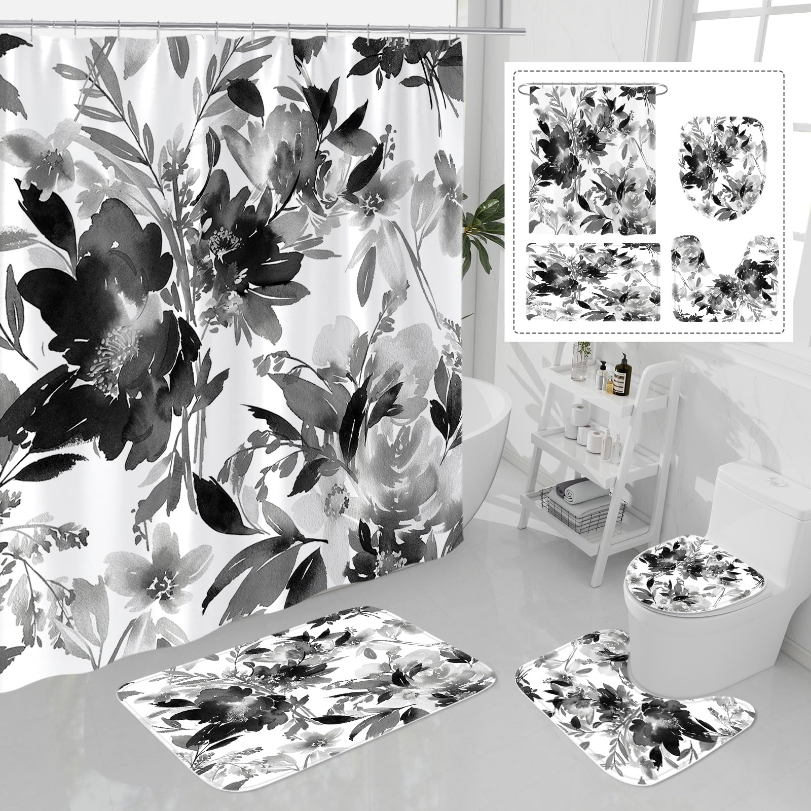 Litabel 4 Pcs Black Watercolor Floral Shower Curtain Sets with Rug, Toilet Lid Cover and Bath Mat, Botanical Flower Shower Curtains for Black Bathroom