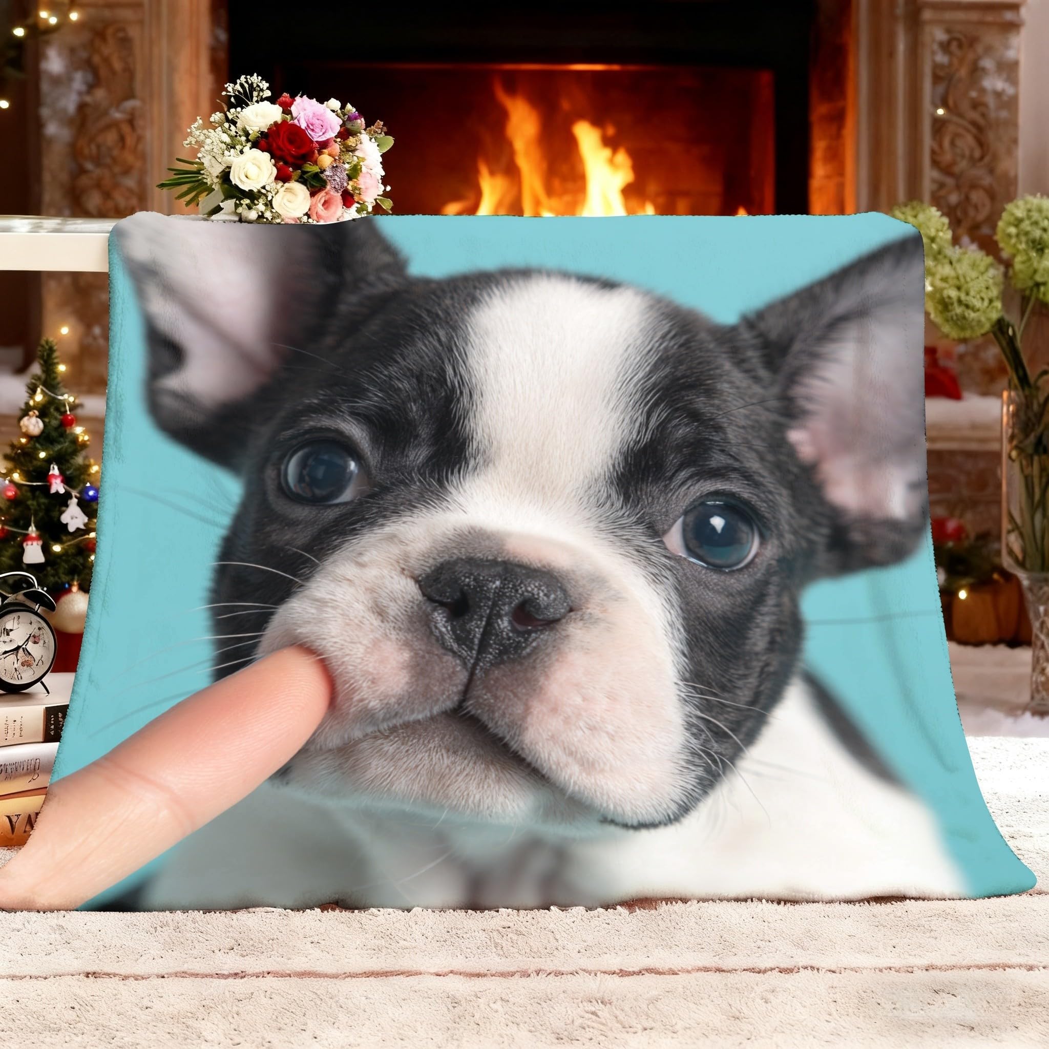 Couverture douillette bouledogue français 150x200 plaid polaire bleu
