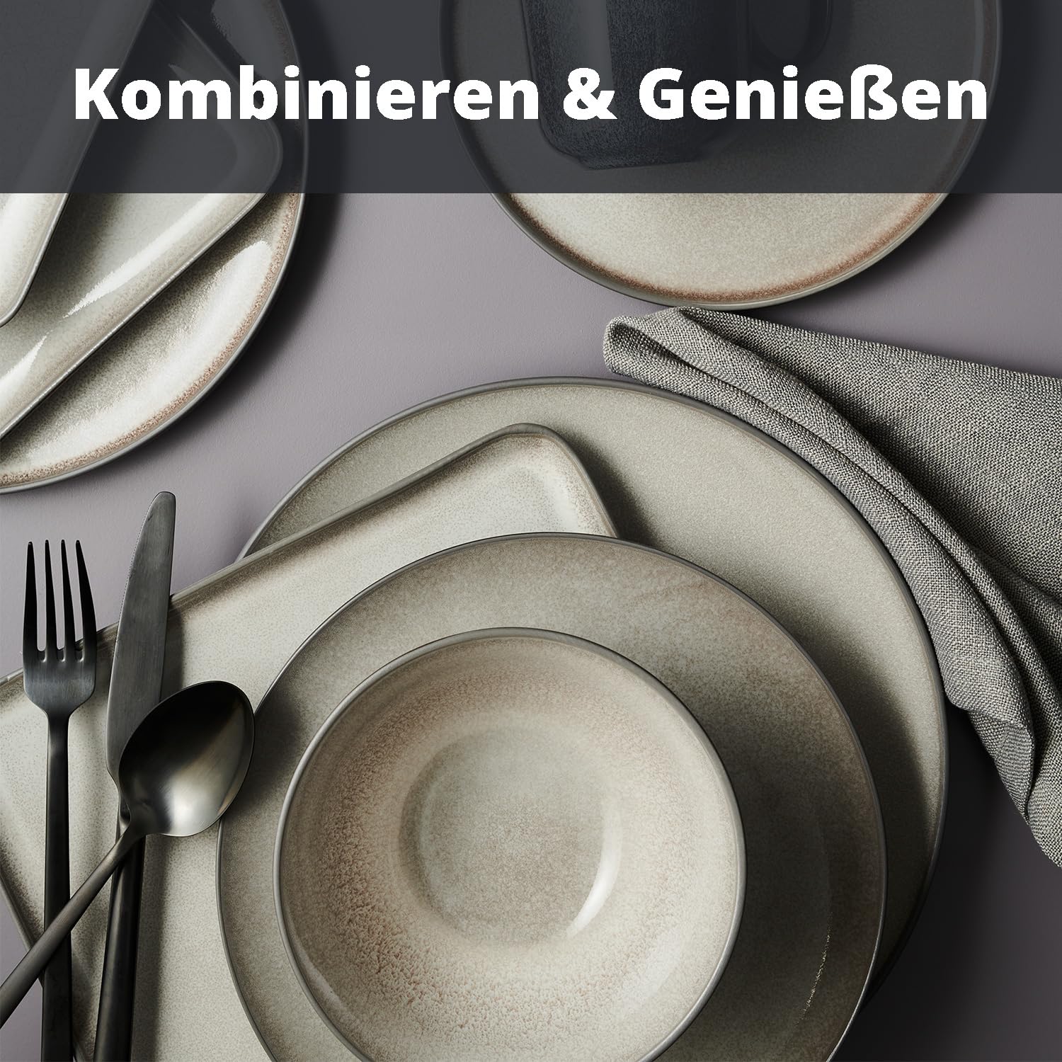 Peill+Putzler Germany 6er-Set Speiseteller in grau aus Steinzeug, eckige Teller 25x25cm für 6 Personen, spülmaschinenfest & mikrowellengeeignet, jedes Teil ein Unikat Küche, Haushalt & Wohnen