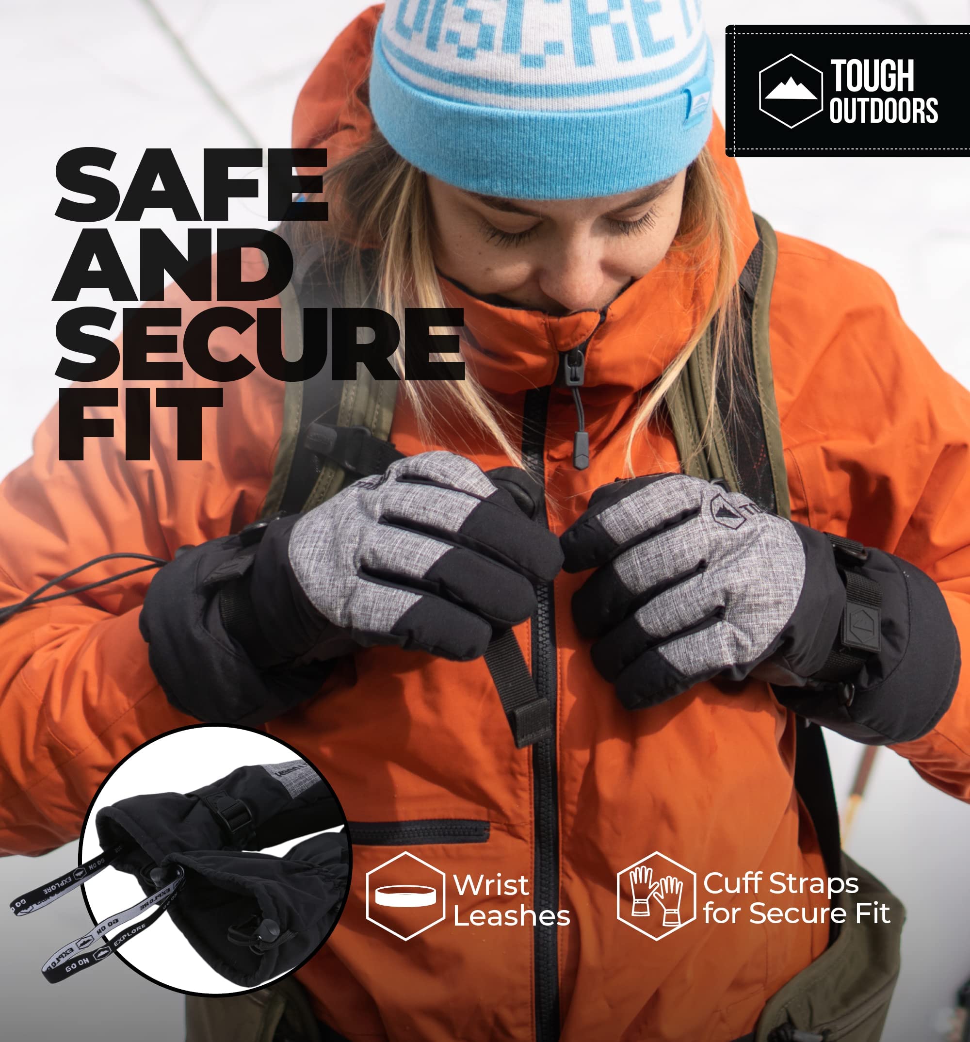 Tough Outdoors Gants de Ski et de Neige – Gants de Snowboard imperméables et Coupe-Vent pour Homme et Femme pour Temps Froid – avec laisses de Poignet, Coque en Nylon, Isolation Thermique et Paume en