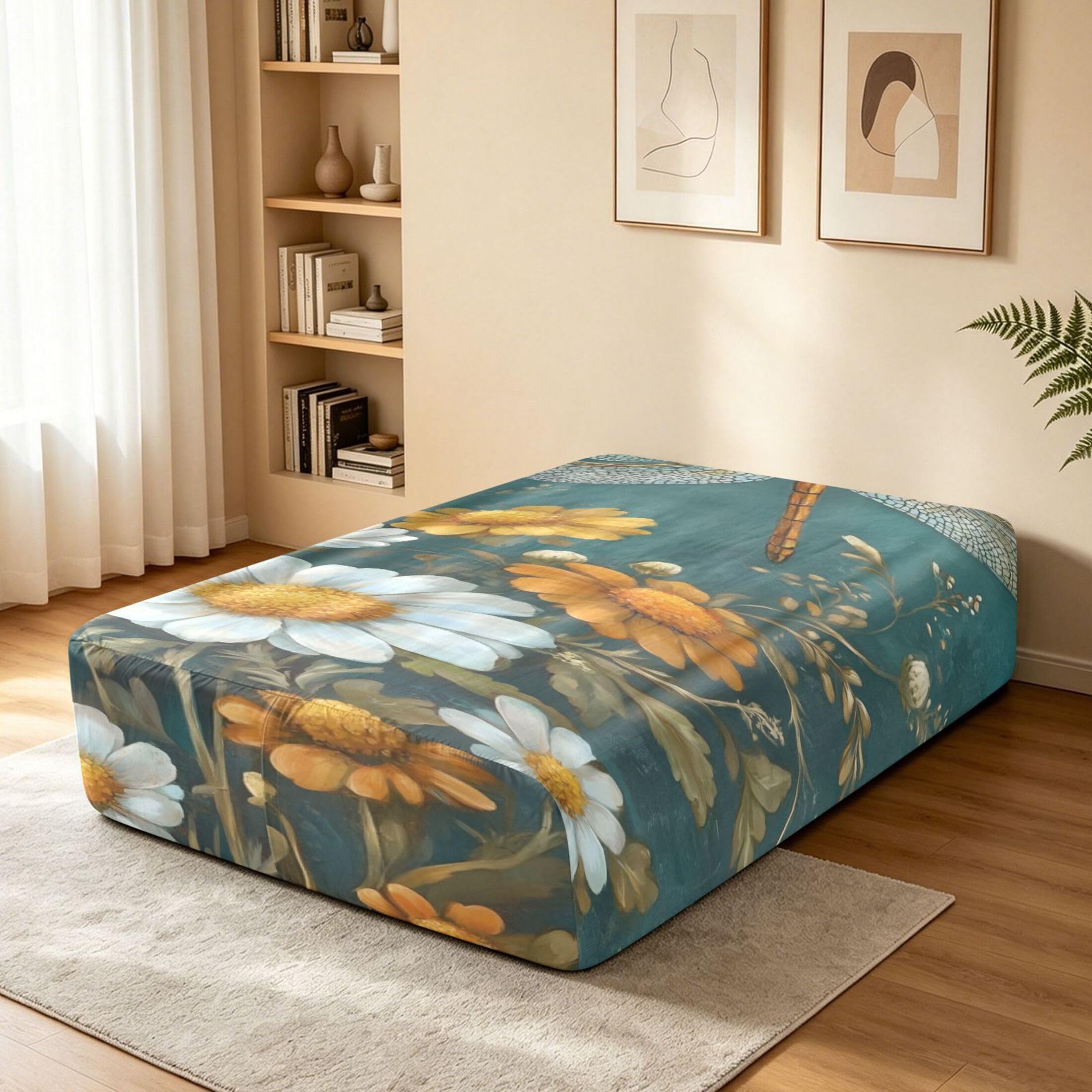 Sábana bajera ajustable de tamaño individual con libélula vintage para colchón de aire, bolsillo extra profundo de 24 pulgadas, funda suave y transpirable con apertura de válvula de