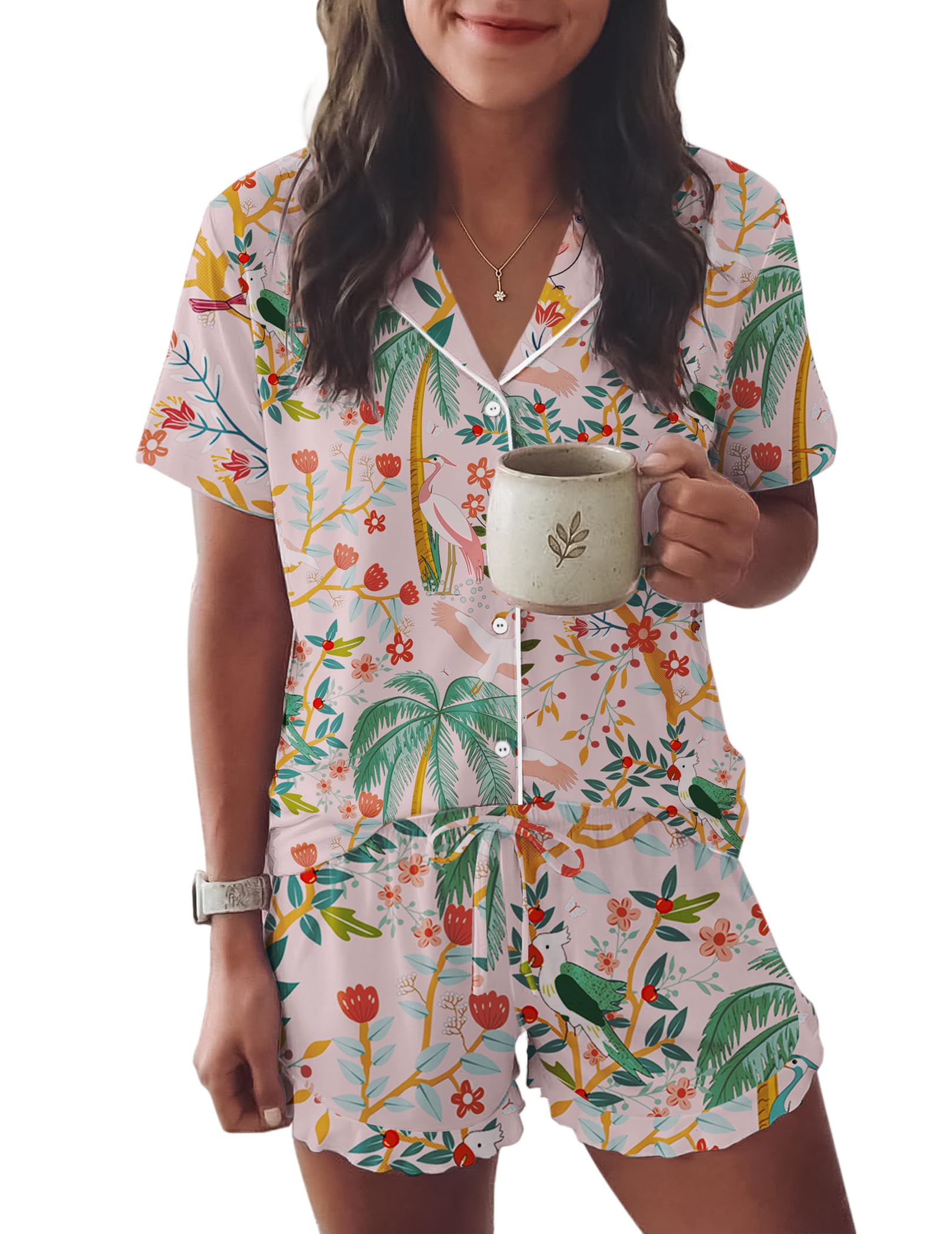 Ekouaer Button Down Ruffled Pajama Set
