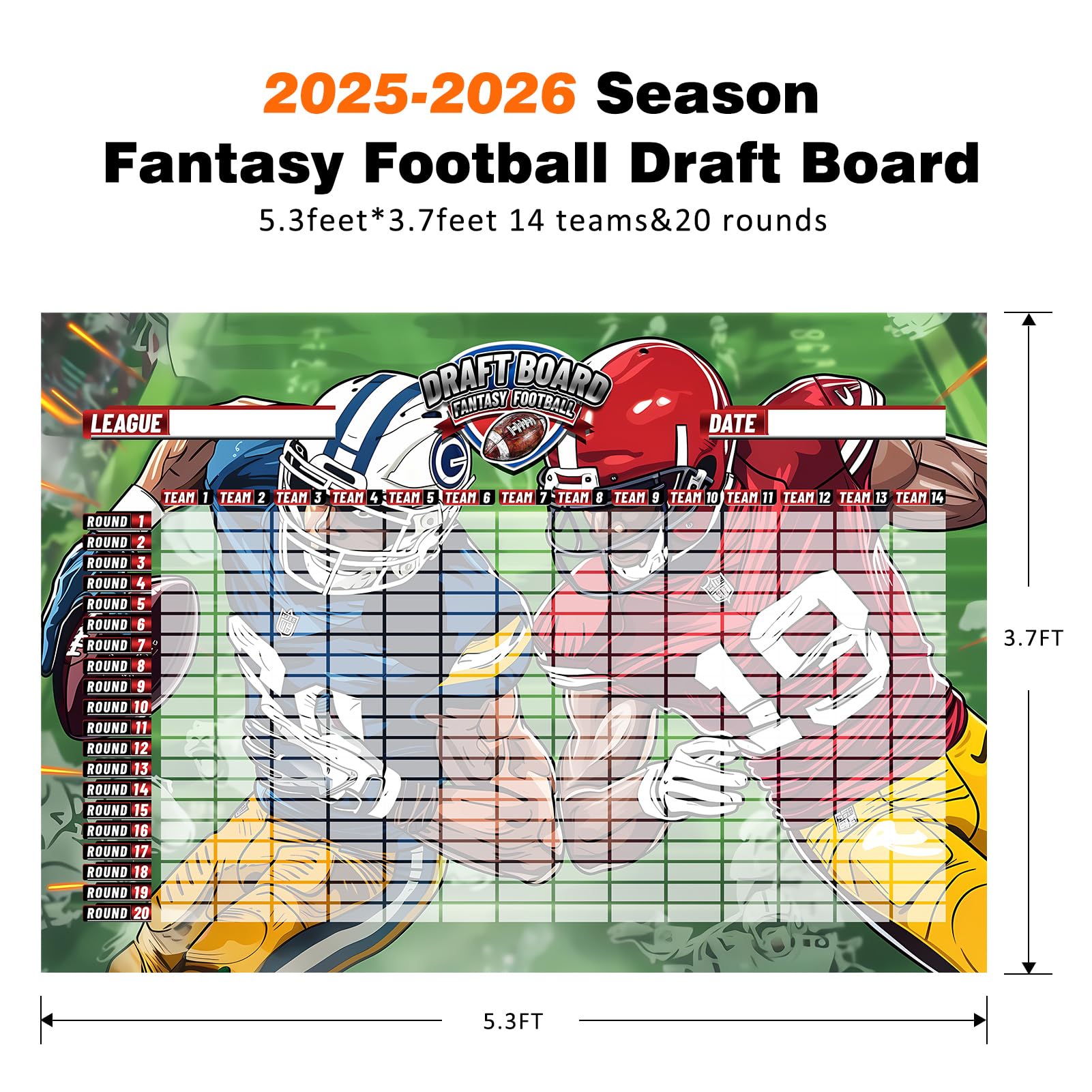 Fantasy Football Draft Board Saison 2025–2026, extra groß, 15 x 100 cm, Fantasy-Fußball-Draft-Kit – 14 Teams, 20 Runden, inklusive Top-Rookies, Blanko-Etiketten, Zeitplanraster