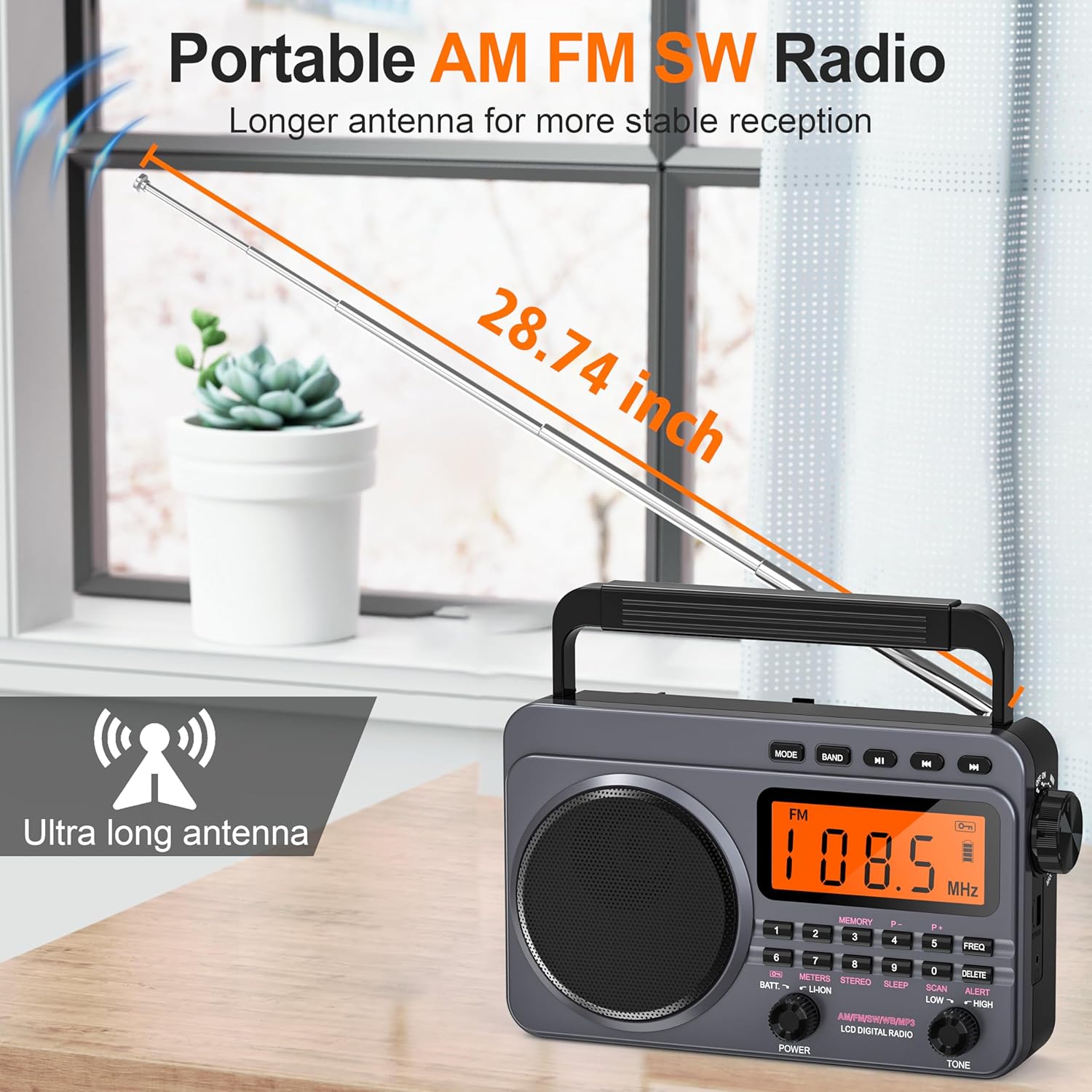 Portable Radio with Best Reception, 4000mAh Rechargeable Digital Radio AM FM Portable with SD Card/USB Playback, Digital Tunner, Big Speaker, LCD Screen(Grey)
