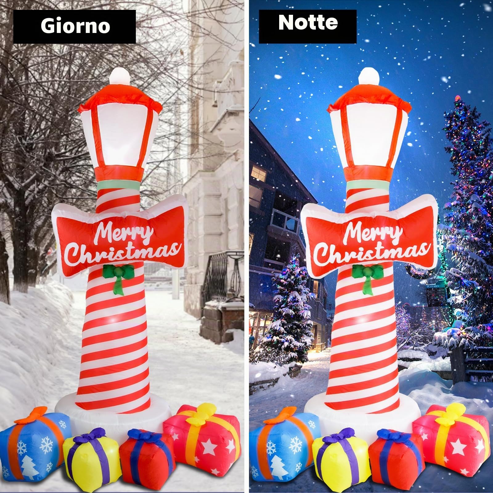 Faro di Natale gonfiabile da 2,46 metri con scatole regalo, decorazioni gonfiabili per il cortile di Natale, con luci LED per la decorazione del prato per le vacanze