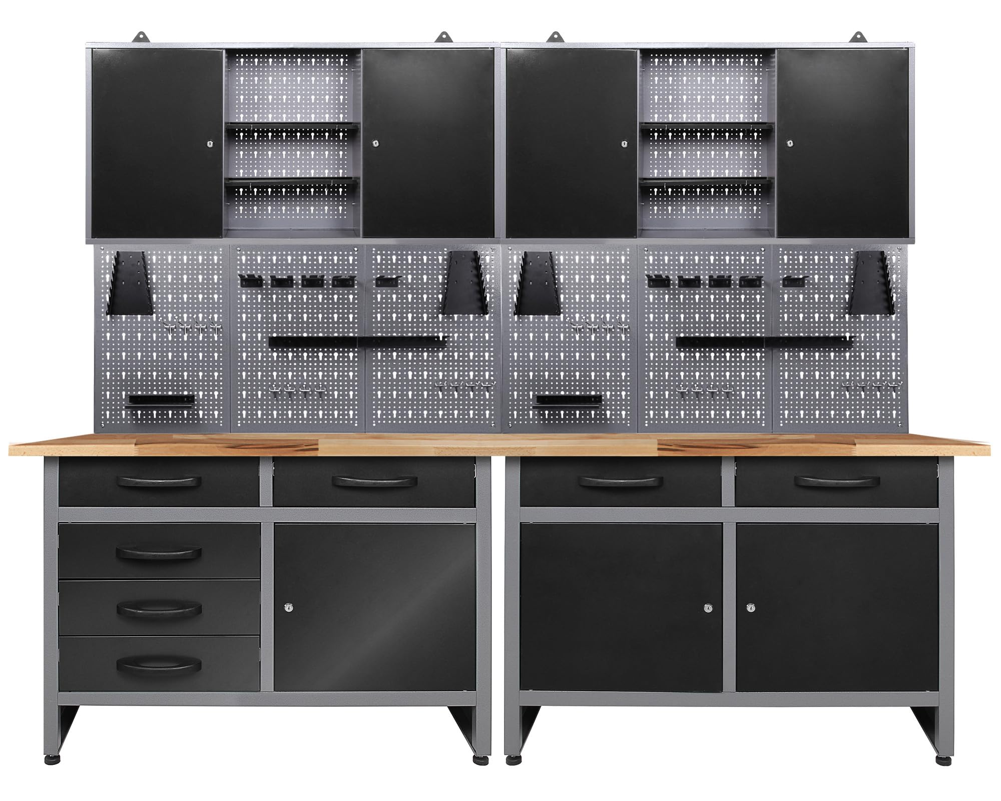 Ondis24 Werkstatteinrichtung 6 teilig grau schwarz Werkbank Werkzeugschrank Lochwand Werkstattausrüstung 240 cm