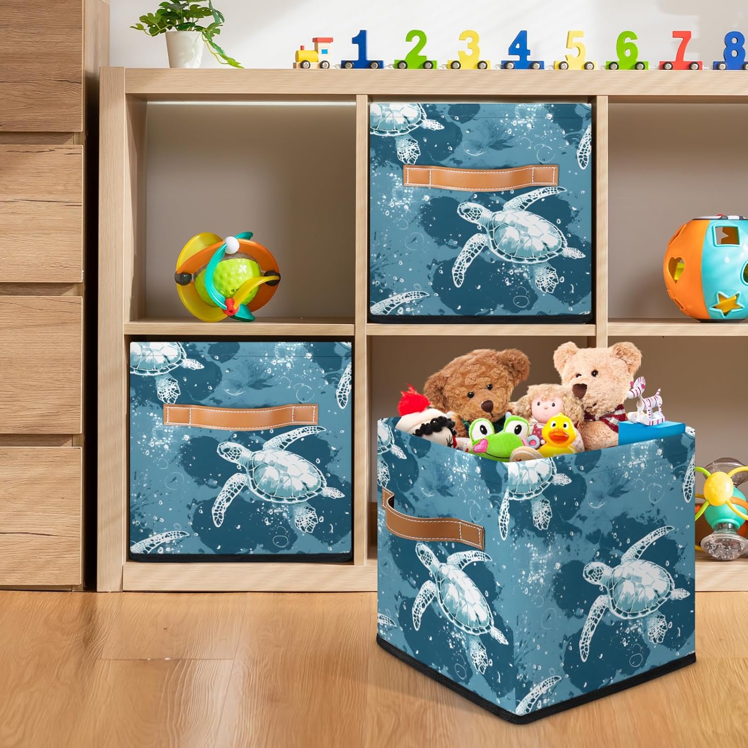 11" Storage Basket Vintage Ocean Sea Turtle Foldable Storage Box Organizer Bins with Handles for Bedroom Home Office Gift