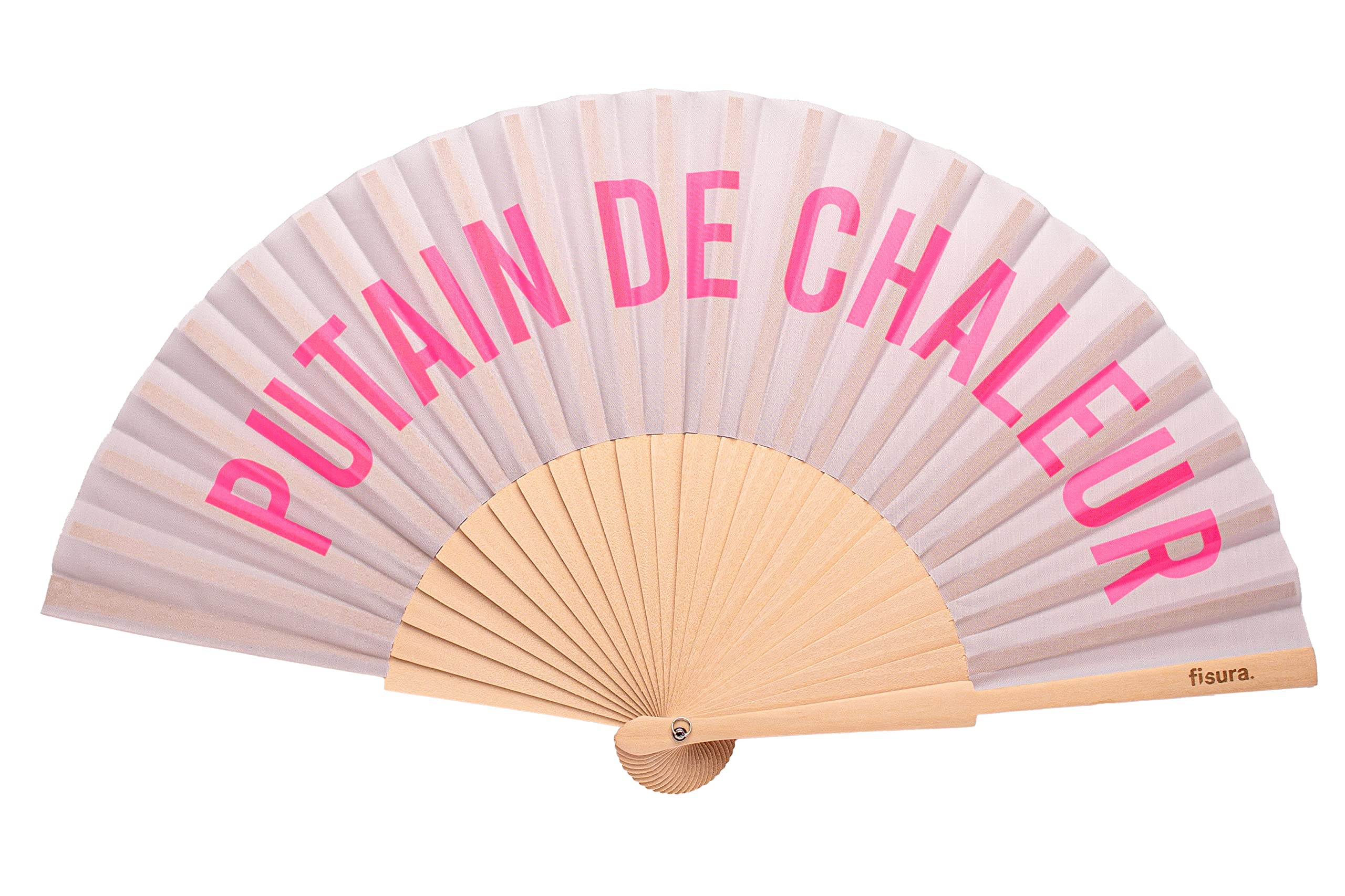 Fisura - Original handheld folding fan with message in french. wooden fan. Original holding Hand Fans. Fan with hanger included (Chaleur, grey and pink)