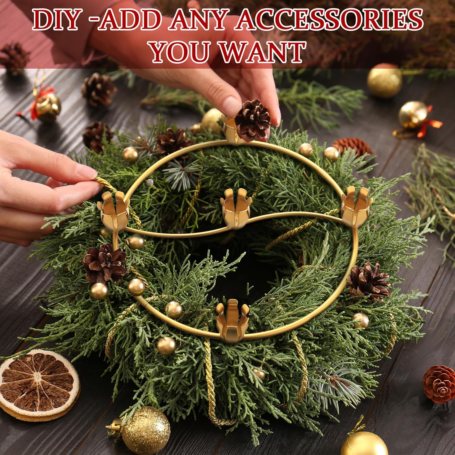 Sliner 8 Pcs Christmas Flower Advent Wreath Ring 5 Candle Holder Taper Gold Advent Ring Metal Candle Holder Table Decoration for Xmas Festival Home Centerpiece Decor