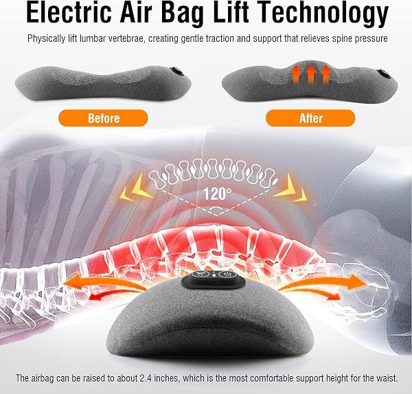 3-in-1 Electric Lumbar Support Pillow with Heat & Massage, Ergonomic Memory Foam Lower Back Massager for Pain Relief Deep Tissue, Smart Air Lift Technology, Ideal for Car/Bed/Sleeping/Office Chair - 5