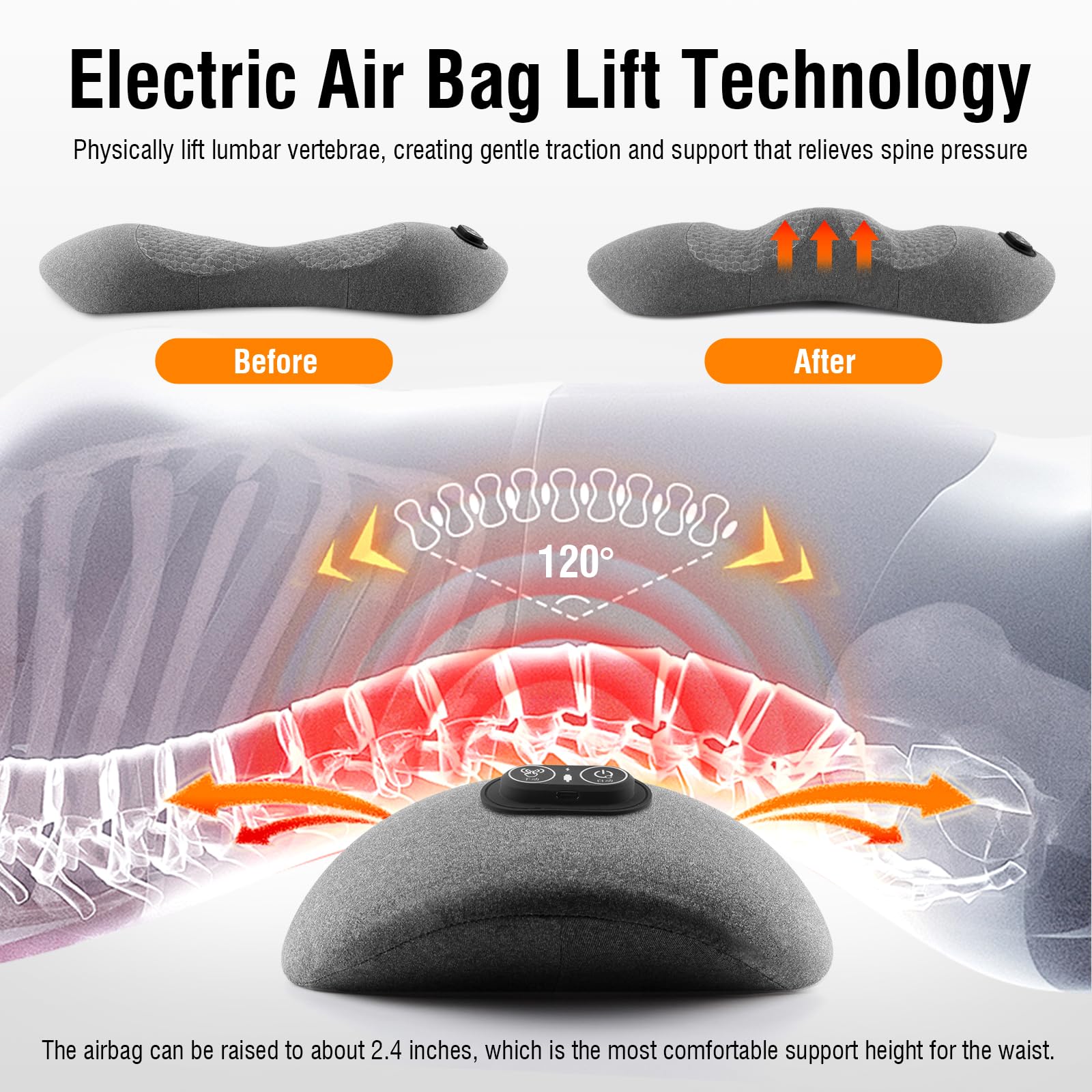 3-in-1 Electric Lumbar Support Pillow with Heat & Massage, Ergonomic Memory Foam Lower Back Massager for Pain Relief Deep Tissue, Smart Air Lift Technology, Ideal for Car/Bed/Sleeping/Office Chair — view 5