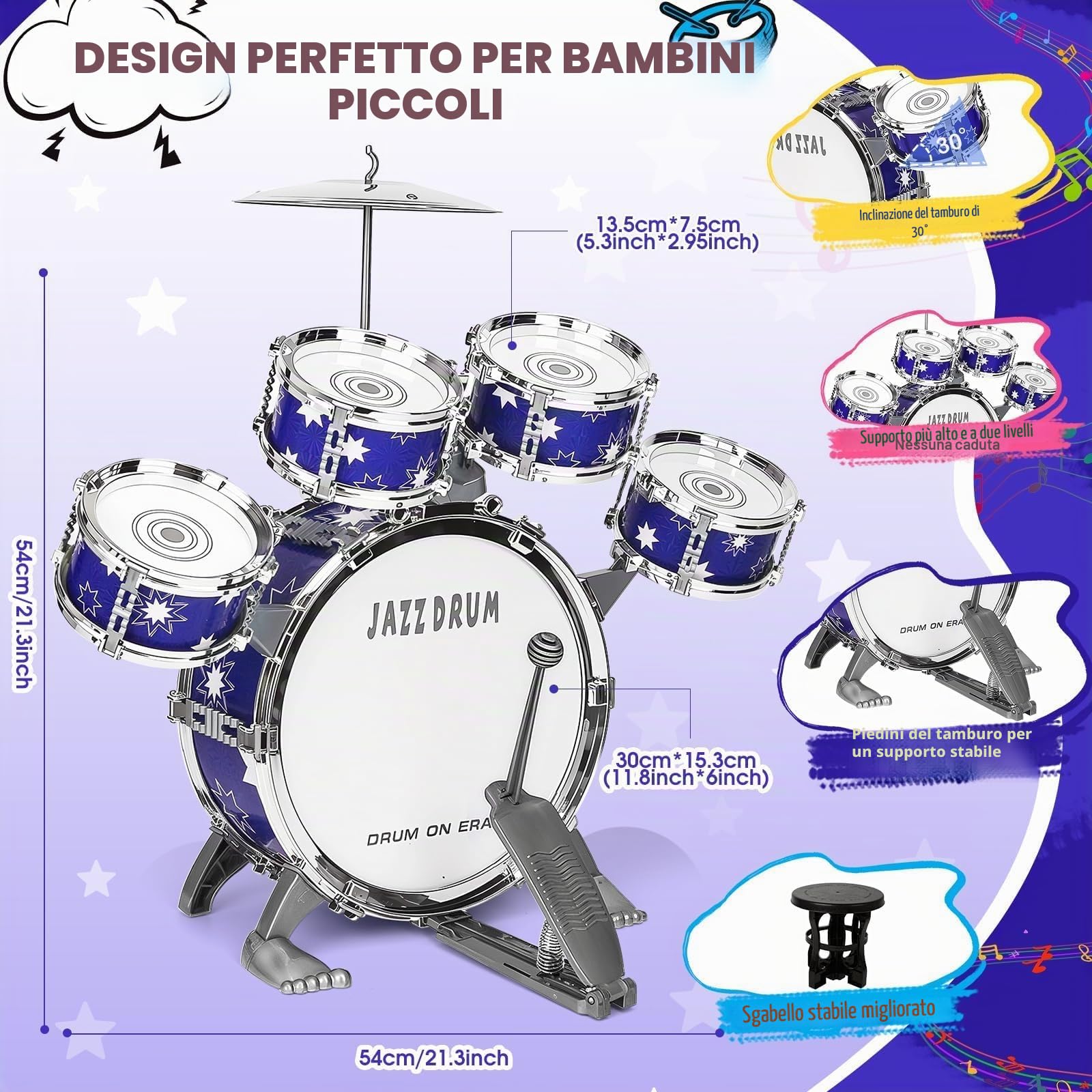 Upgrade Giocattolo Batteria Bambini 2-4 Anni Kit Batteria Jazz per Bambini con Sgabello, Giocattolo Strumento Musicale per Ragazze Ragazzi di 3 4 5 Anni Regalo