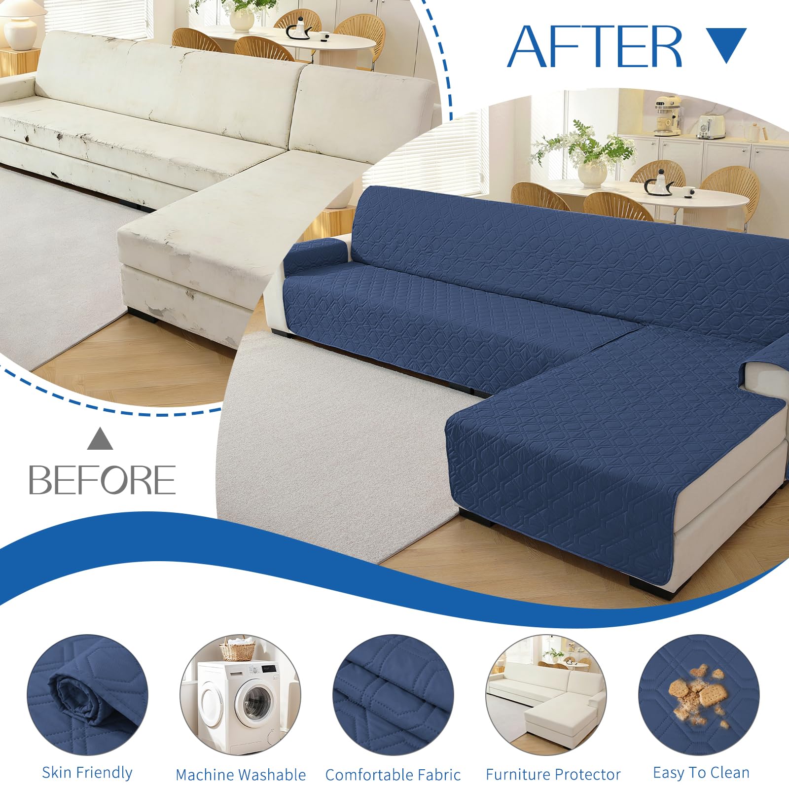 YSTELLAA Housse De Canapé d'angle 4 Places, Housse Canape d'angle avec Accoudoirs, Protection Canapé d'angle Impermeable, Couvre Canapé en Forme De L Gauche/Droit Réversible, Bleu Berlin