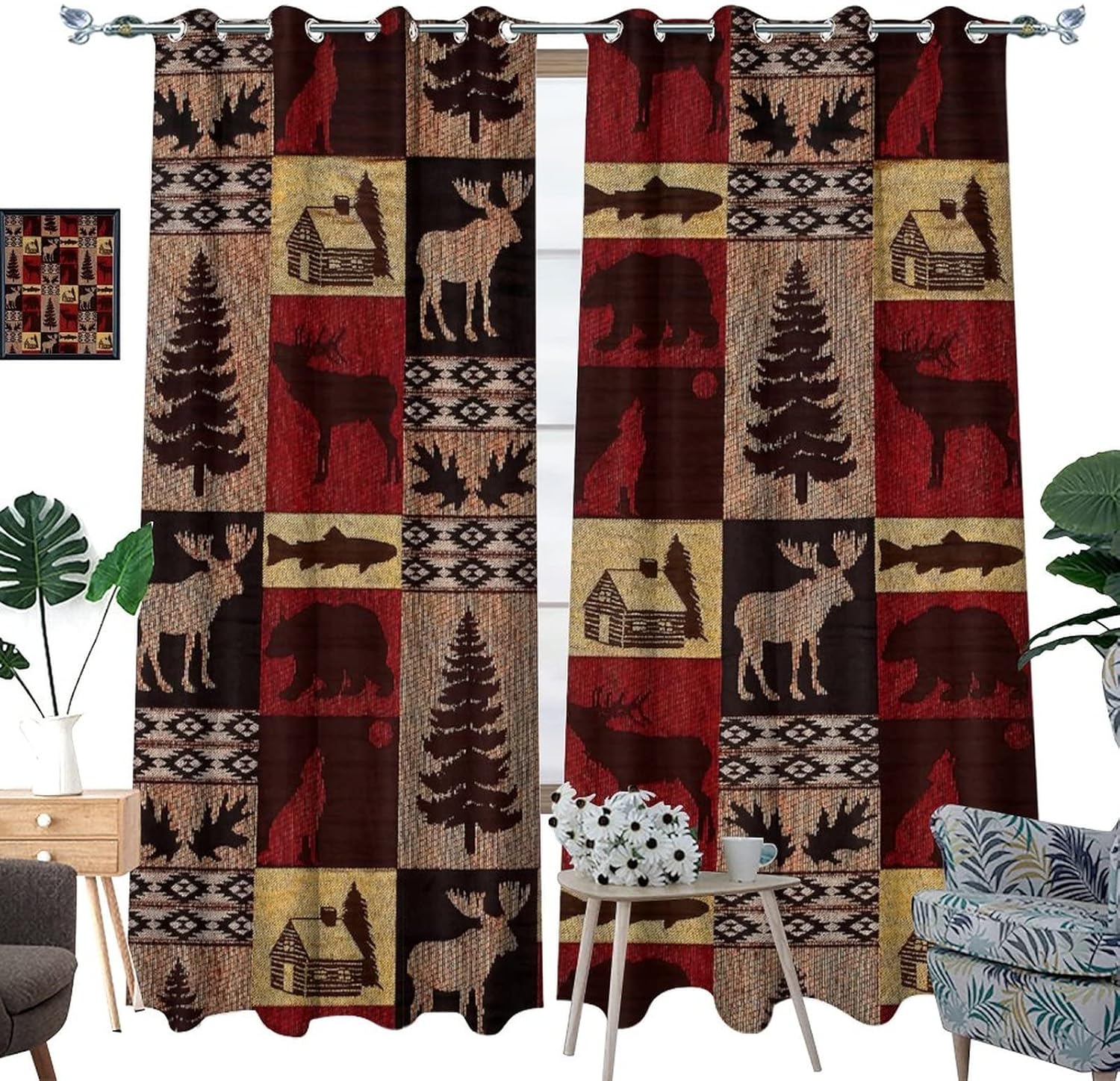 Rustic Cabin Curtains for Bedroom - Vintage Farmhouse Hunting Theme Moose Bear Elk Tree Plaid Window Treatment,Energy Saving Blackout Grommet Curtains 2 Panels 45L x 21W