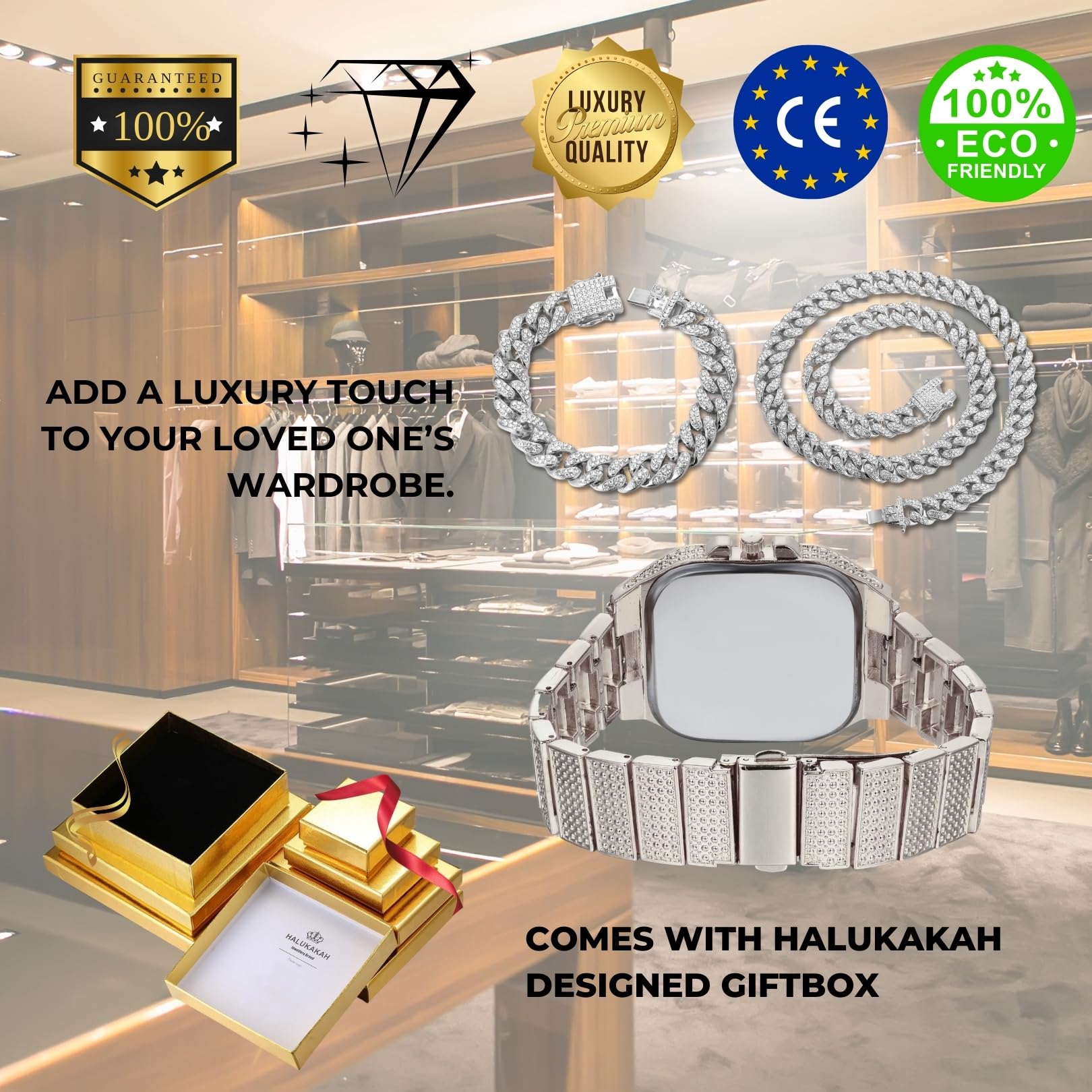 HALUKAKAH Reloj con Diamantes Iced out,Hombre Chapado en Oro 18K/Platino Oro Blanco Esfera con Números Árabes Cuarzo 22cm,Opcional con Cadena Cubana 20cm/45cm,Viene con Caja de Regalo