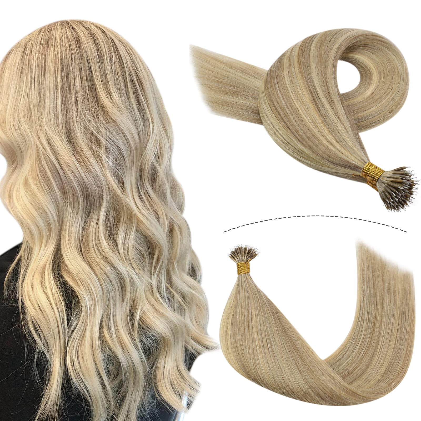 JoYoung Nano Hair Extensions Dark Ash Blonde Highlights with Golden Blonde Hair Extensions Human Hair Nano Beads 1g/s Nano Beads Loop Hair Extensions 50strands 16inch