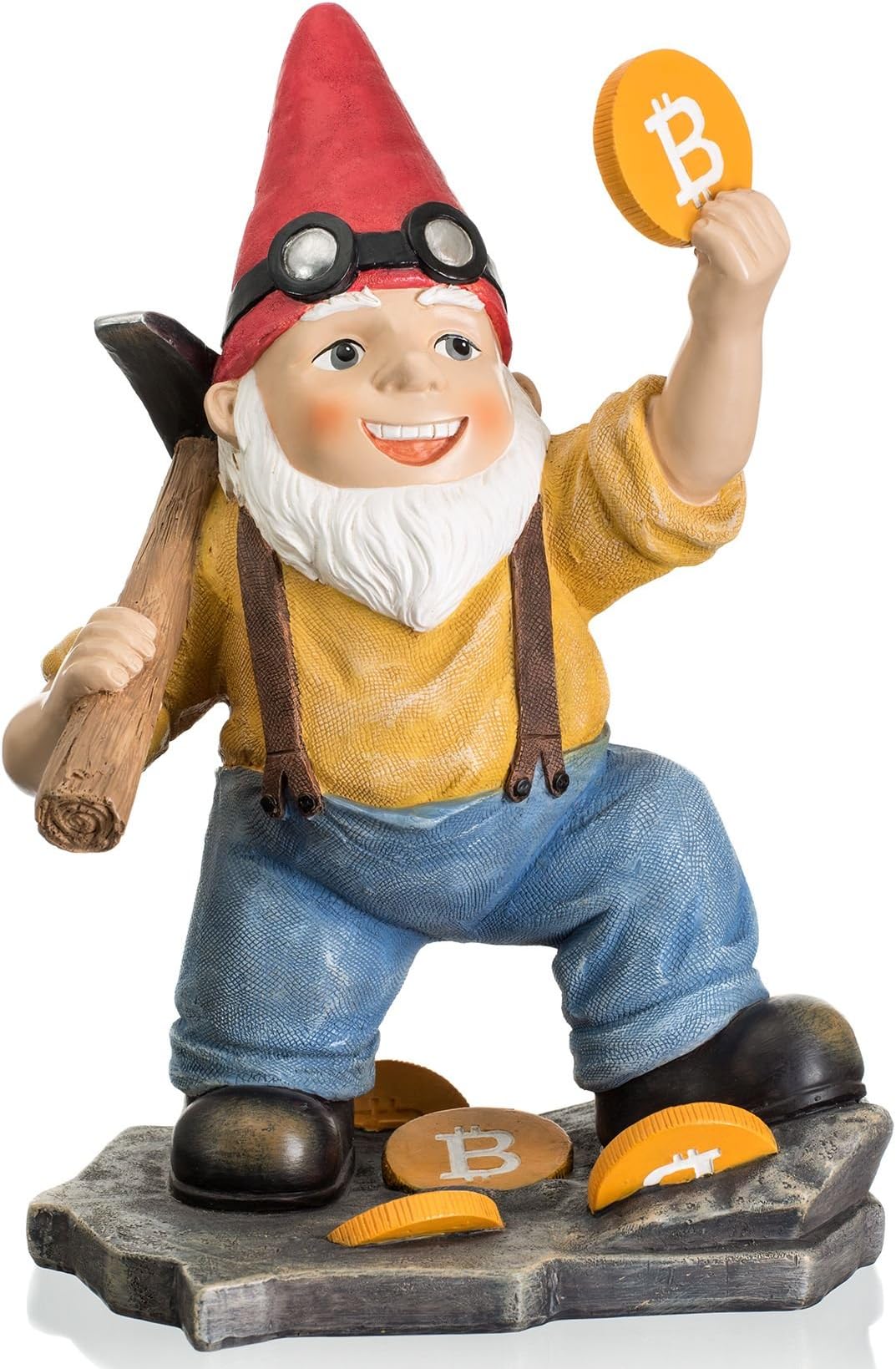 Bitcoin Miner Gnome - 11 x 7.5 Inches Hand Painted Garden Statue - Miniature Figurine for Indoor and Outdoor Use - Funny Gift for Home or Lawn Decor