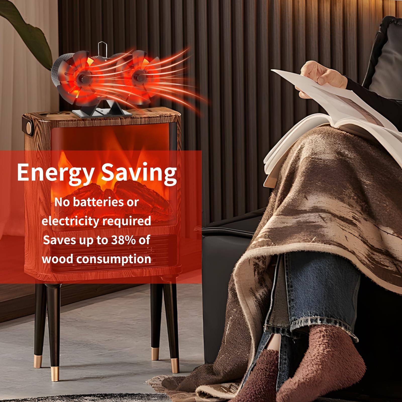 Ventilador para Chimenea, Ventilador de Estufa Sin Electricidad, 12 Aspas, Funcionamiento Silencioso, Ventilador de Estufa de Calor de Doble Cabezal, para Leña, Estufas de Leña, Chimenea