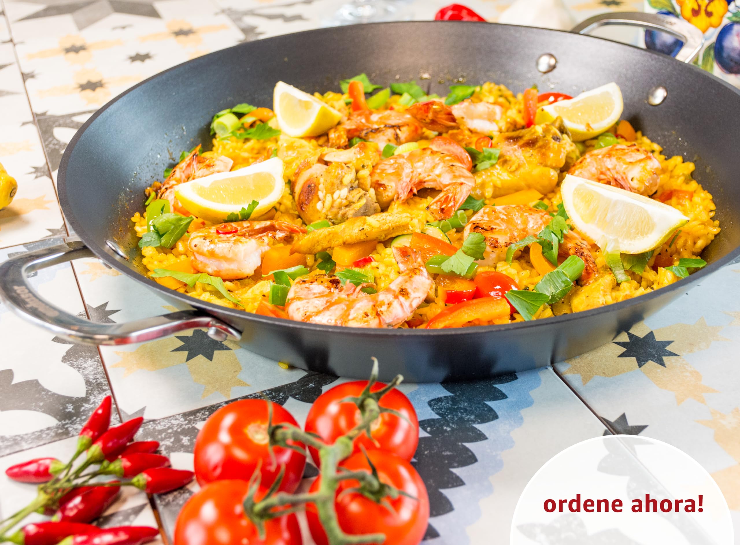 endusor Paellera induccion | 38 cm Ø Paellera de aluminio + protección antiadherente | Todo tipo de cocinas - inducción vitrocerámicas gas eléctrica | Deliciosa paella casera para 6 a 8 personas