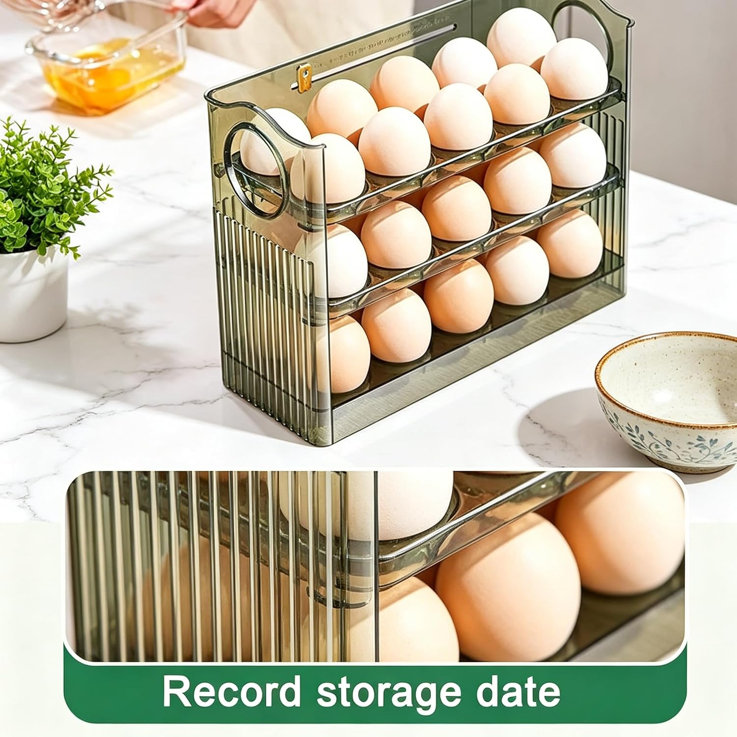 Generic Egg Holder, 3-Layer Clear Acrylic Egg Storage, Auto-Roll Egg Dispenser for Refrigerator, Fridge Egg Organizer with Date Marker, Stackable Egg Tray for Side Door Shelf Countertop
