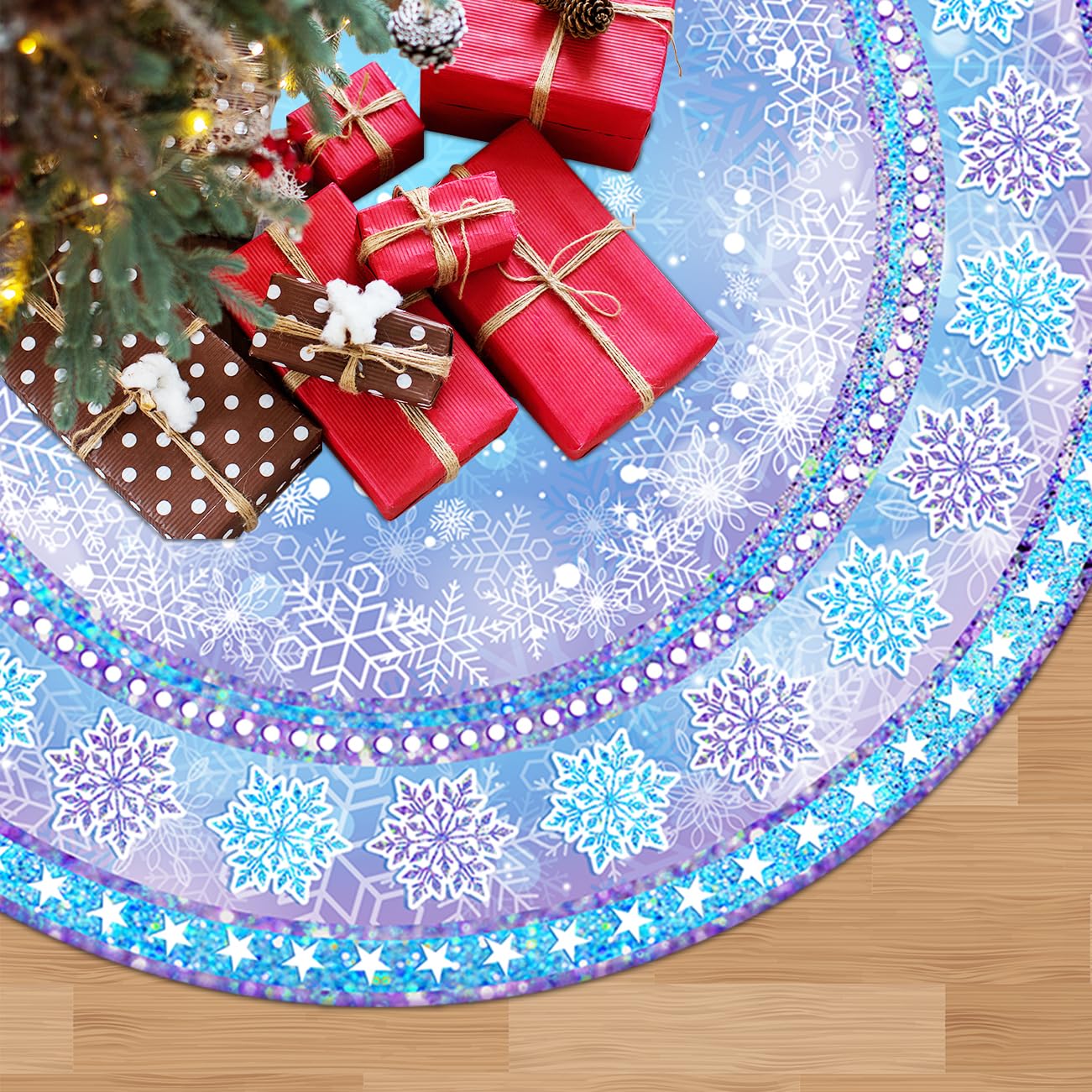 48 Inch Snowflake Christmas Tree Skirt Blue and White Snow Winter Large Tree Skirts for Christmas Party Tree Skirt Mat for Holiday Home Decoration