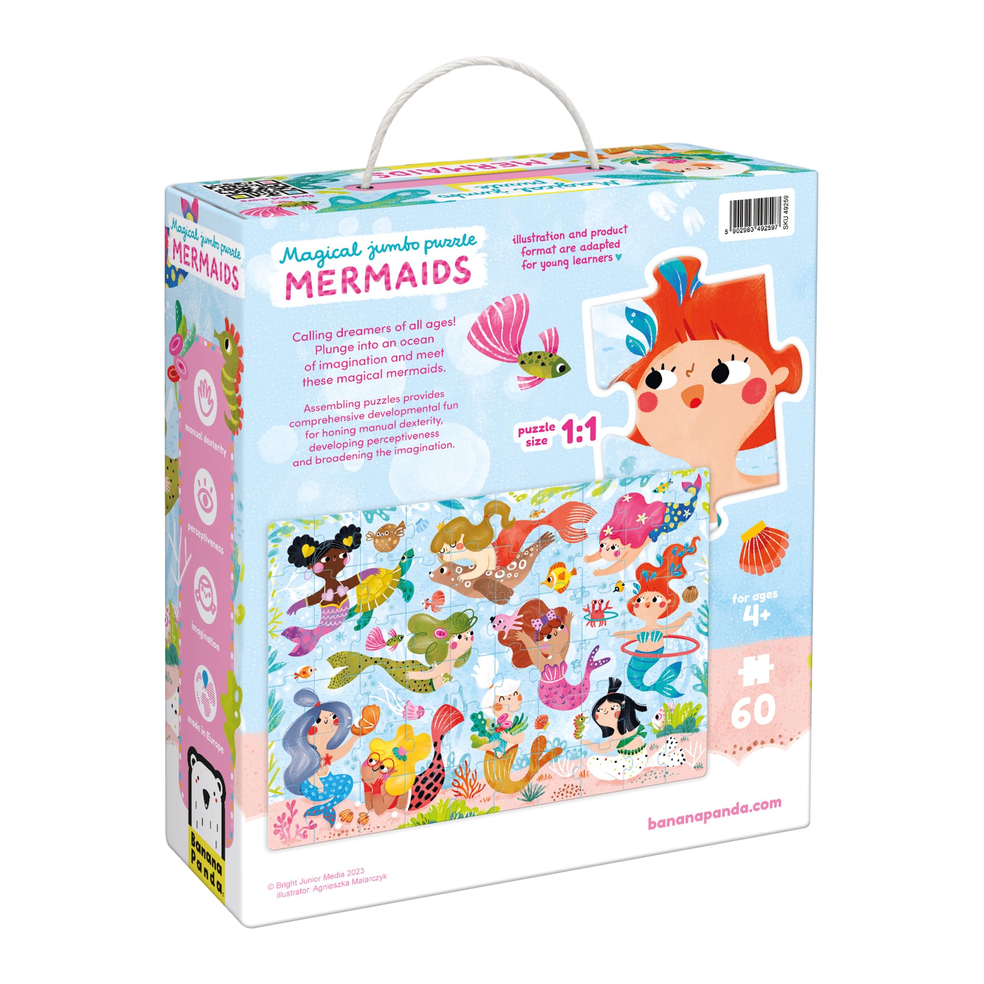 Magical Jumbo Puzzle Mermaids, 60 Teile Lernpuzzle für Kinder 4+, Bodenpuzzle Meerjungfrauen, 26.8" x 19"