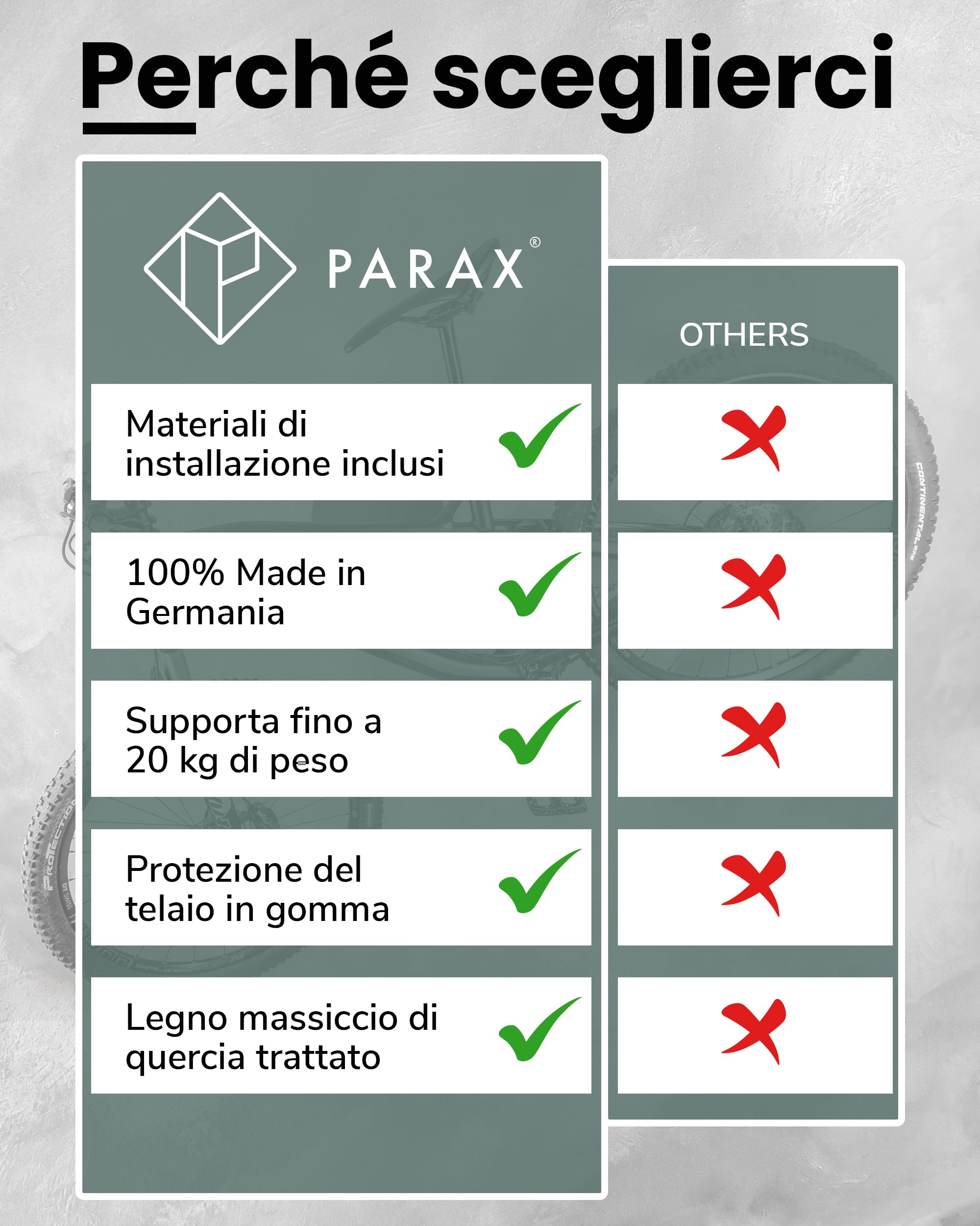 PARAX Supporto da parete per bicicletta, in legno e tubo per bicicletta, bastoncini per portabici fino a 20 kg, per interni e biciclette