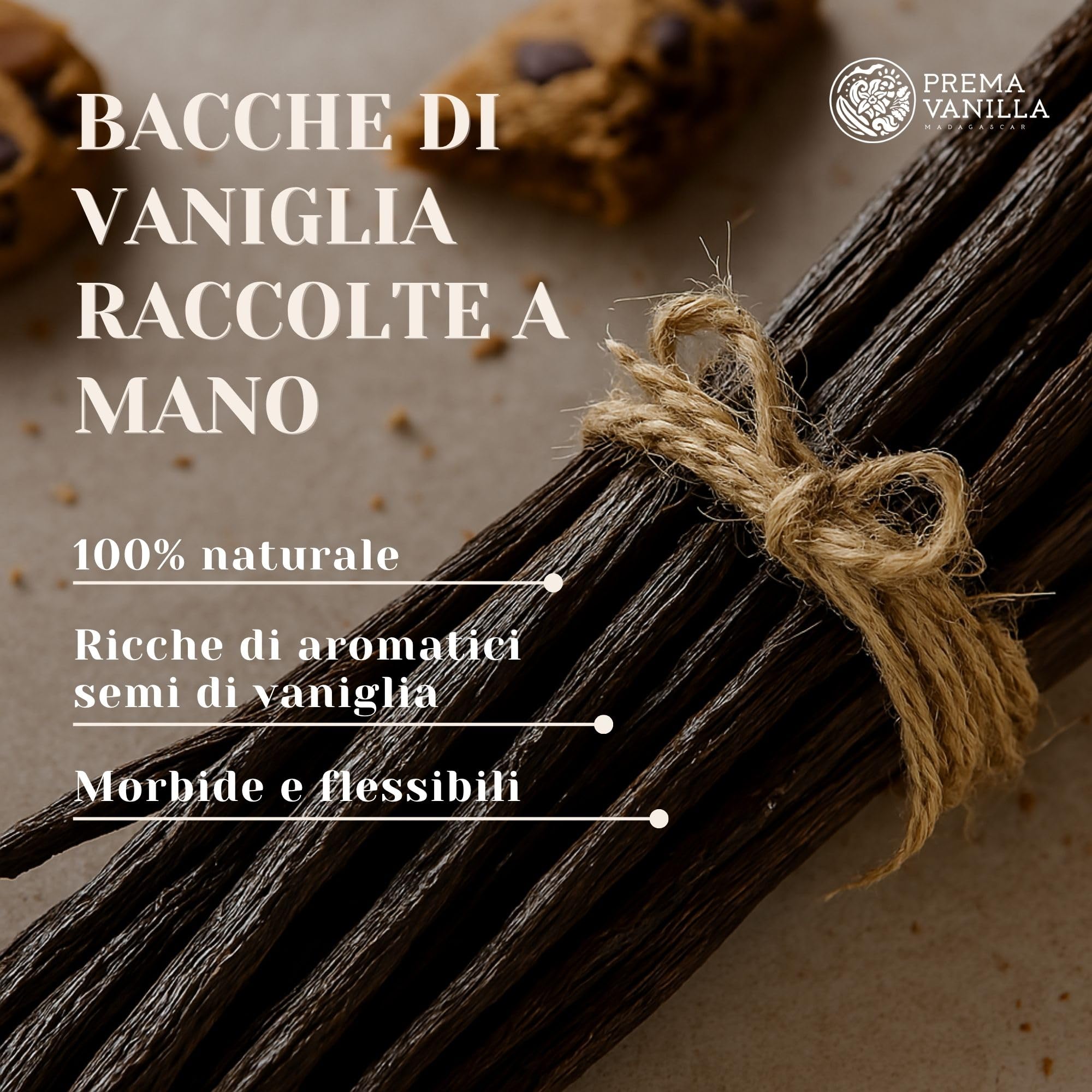 PREMA VANILLA Baccelli di Vaniglia del Madagascar, Vaniglia Bourbon di Grado A per la Preparazione di Estratto, Ideale per Cucina e Pasticceria, Confezione da 5 Baccelli