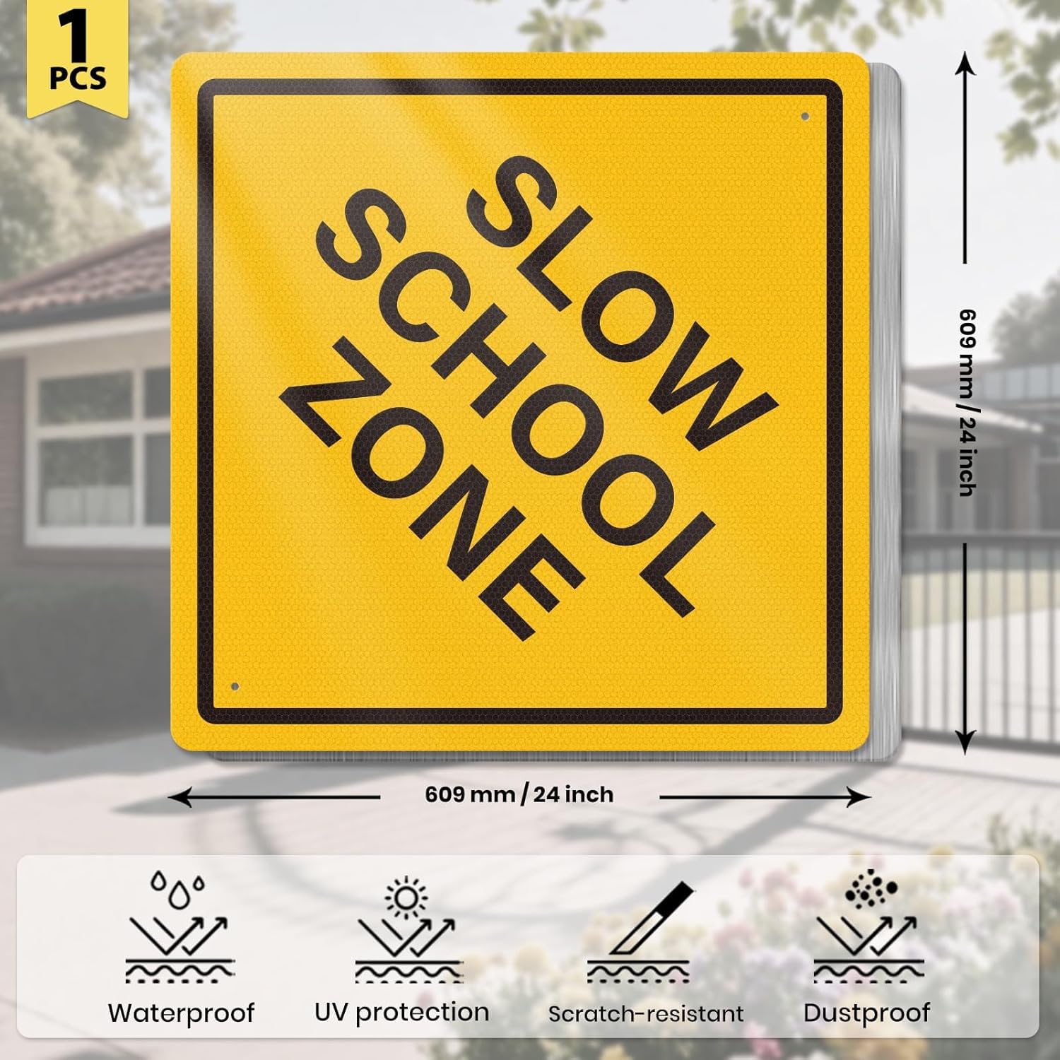 Slow School Zone Sign 24 × 24 Inches Reflective Waterproof Fade Resistant Rust Free Aluminum Metal Safety Warning Signage with Pre-Drilled Holes for Driveways Roads Streets