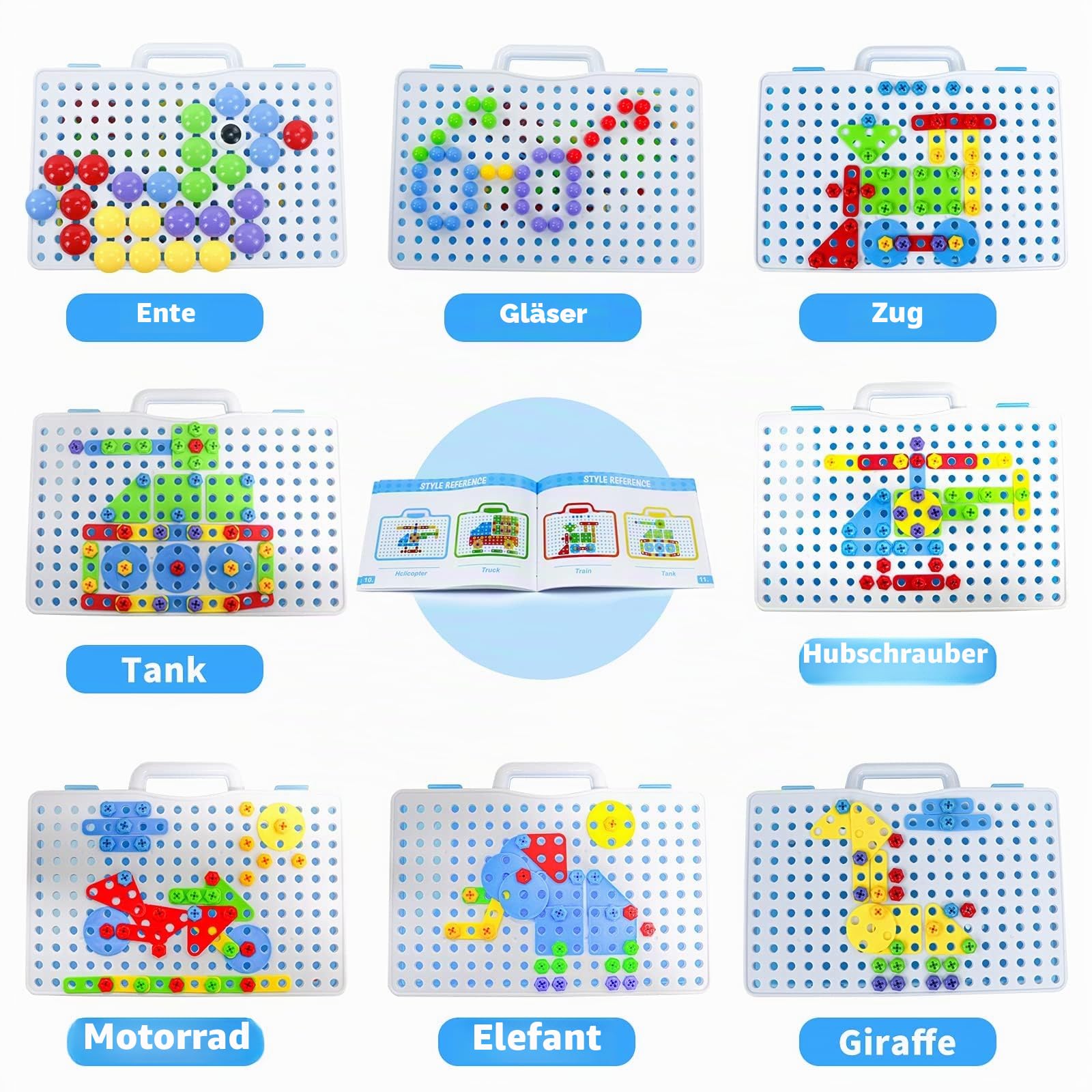 Spielzeug ab 3 Jahre Mosaik Steckspiel mit Elektrische Bohrmaschine Schrauben Steckspiel Kinder Werkzeug Montessori Spielzeug Puzzle ab 3 Jahre Akkuschrauber Geschenke 3 4 Jahre Junge 224 Stück