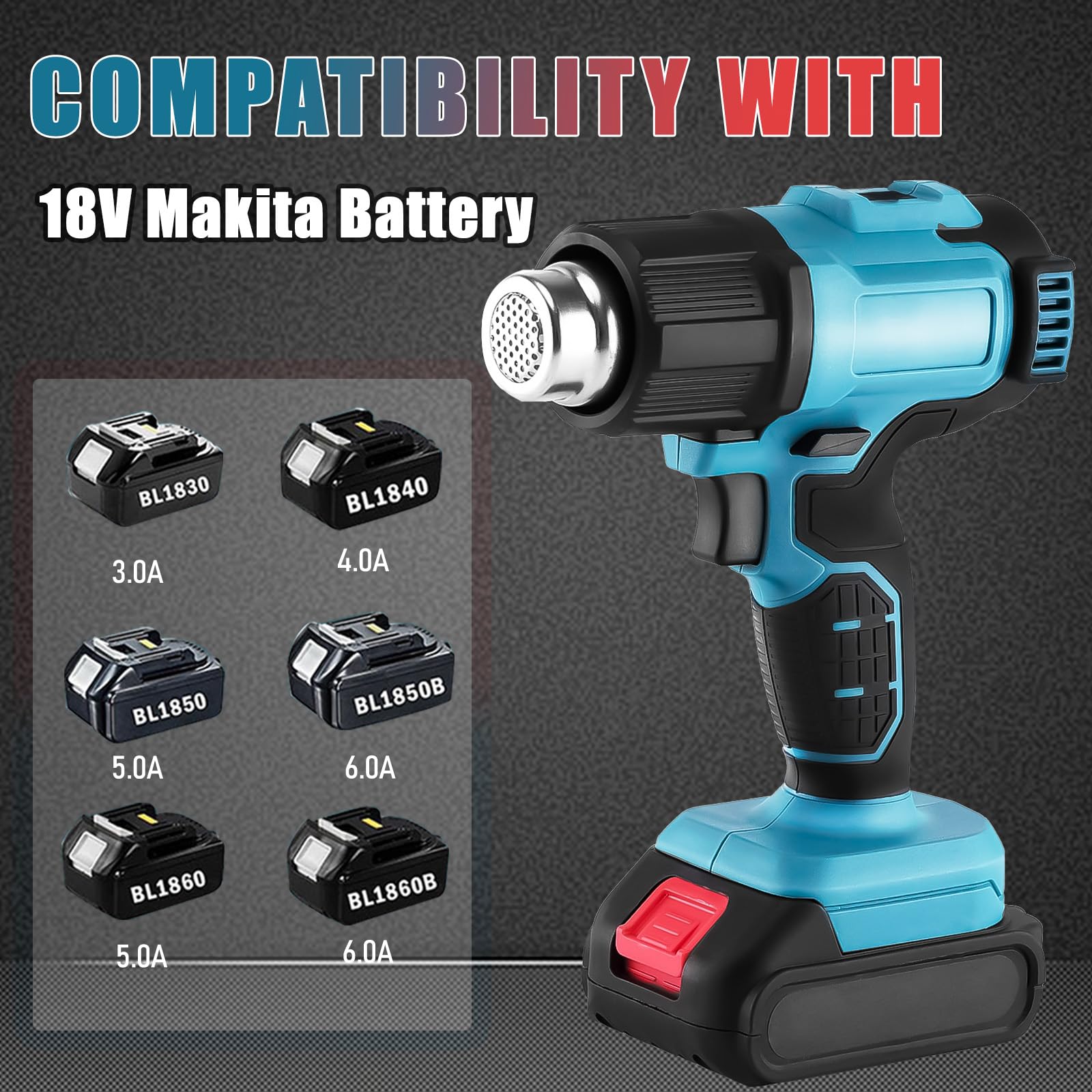 Pistola de Calor Inalámbrica para Makita de 18V Batería, Pistola de Aire Caliente con 3 Boquillas, Temperatura Máx. 550 °C, Calentamiento Rápido, Para Manualidades, Tubos (sin batería)