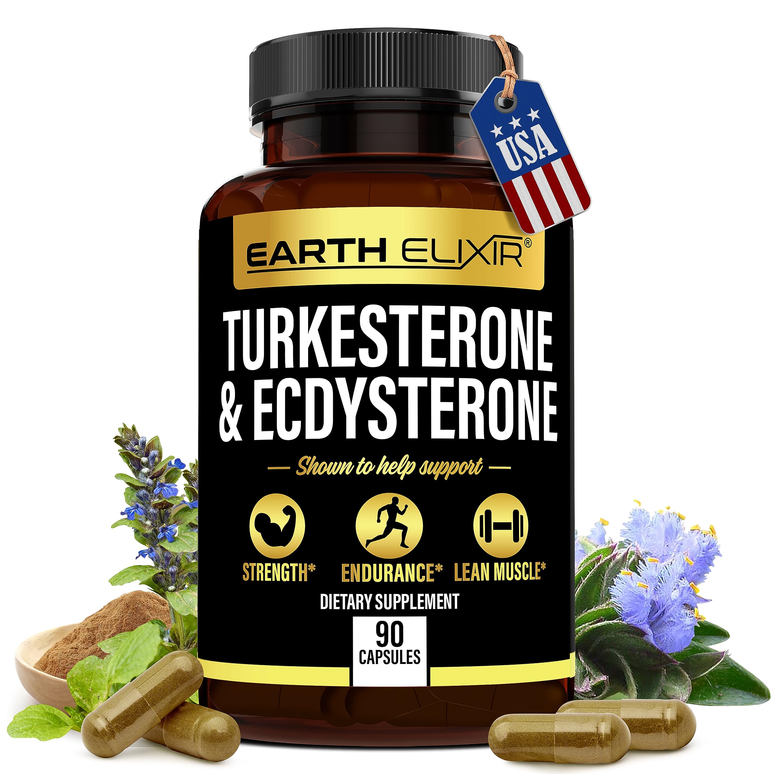 Earth Elixir Turkesterone 840mg and Ecdysterone 705mg Supplements (90 Capsules) - Made in USA - Max Purity - Turkesterone Supplement for Men – Non GMO Vegan - Ajuga Turkestanica -95% Beta Ecdysterone EXP:11/01/2025