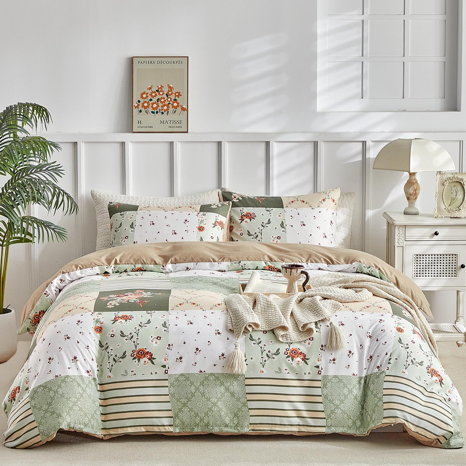 Tokokimo Duvet Cover for 135/150 Bed, Patchwork Pattaya Pattern Duvet Cover, 3 Pieces Composed of 1 Duvet Cover 220 x 240 cm + 2 Pillowcases 50 x 75 cm, Green โ image 1