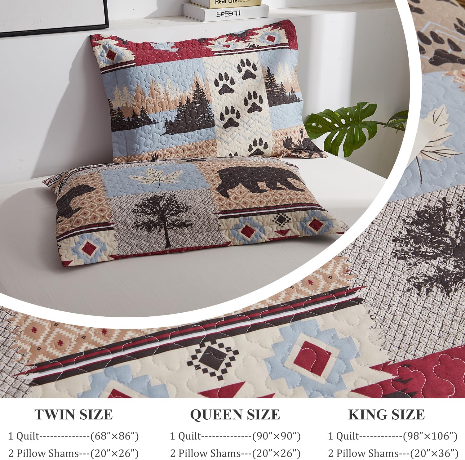 Ycosy Rustic King Size Quilt Set - Home Lodge Bedding Set with Plaid Quilts, Lightweight Reversible Bedspread Coverlet Wildlife Moose Pine Tree Bedding, and 2 Pillow Shams Decor - Image 3