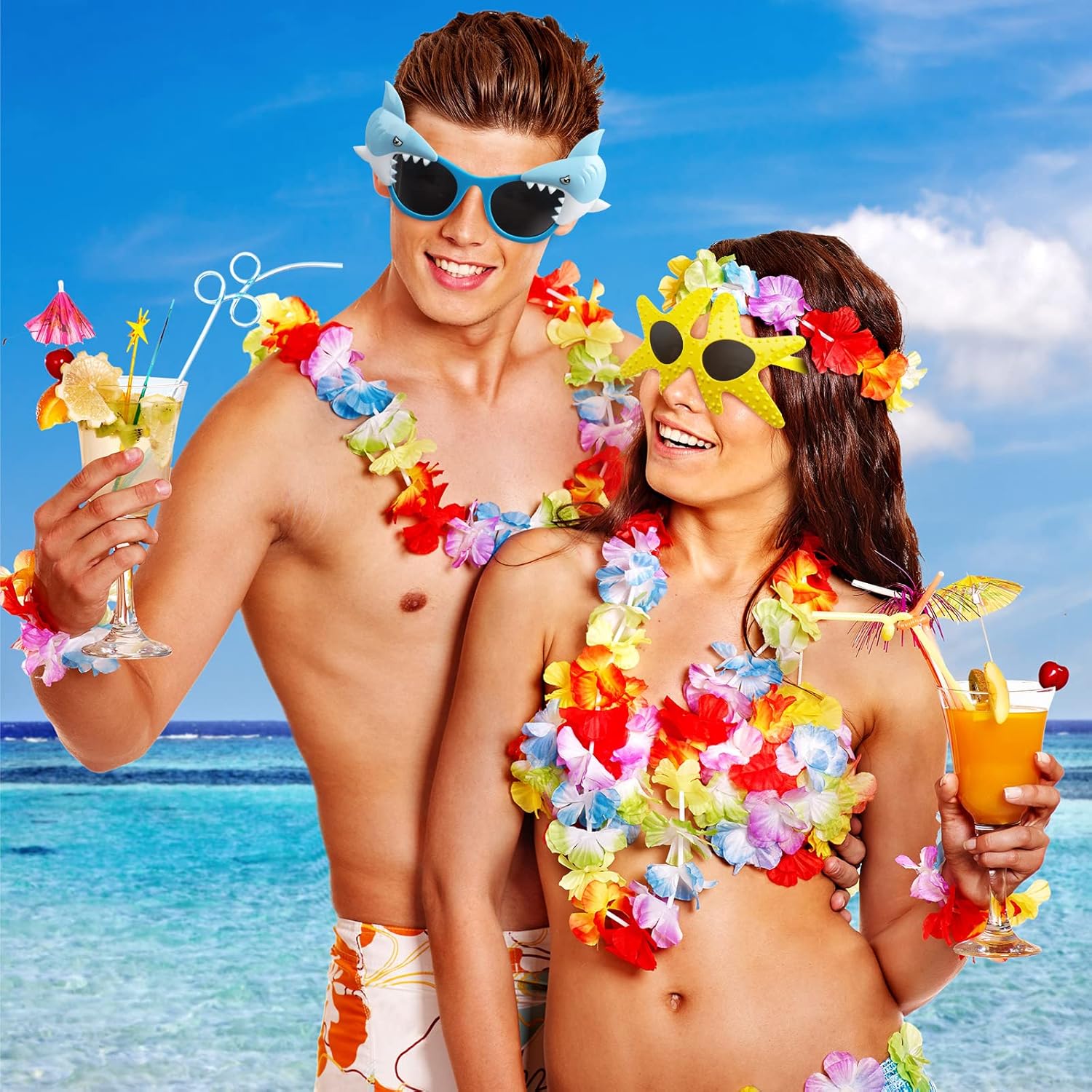 Yunsailing 48 Pcs Luau Party Decorations Include 24 Hawaiian Leis and 24 Tropical Sunglasses Beach Party Favors Flowers Leis Garlands Luau Glasses for Summer Pool Birthday Supplies