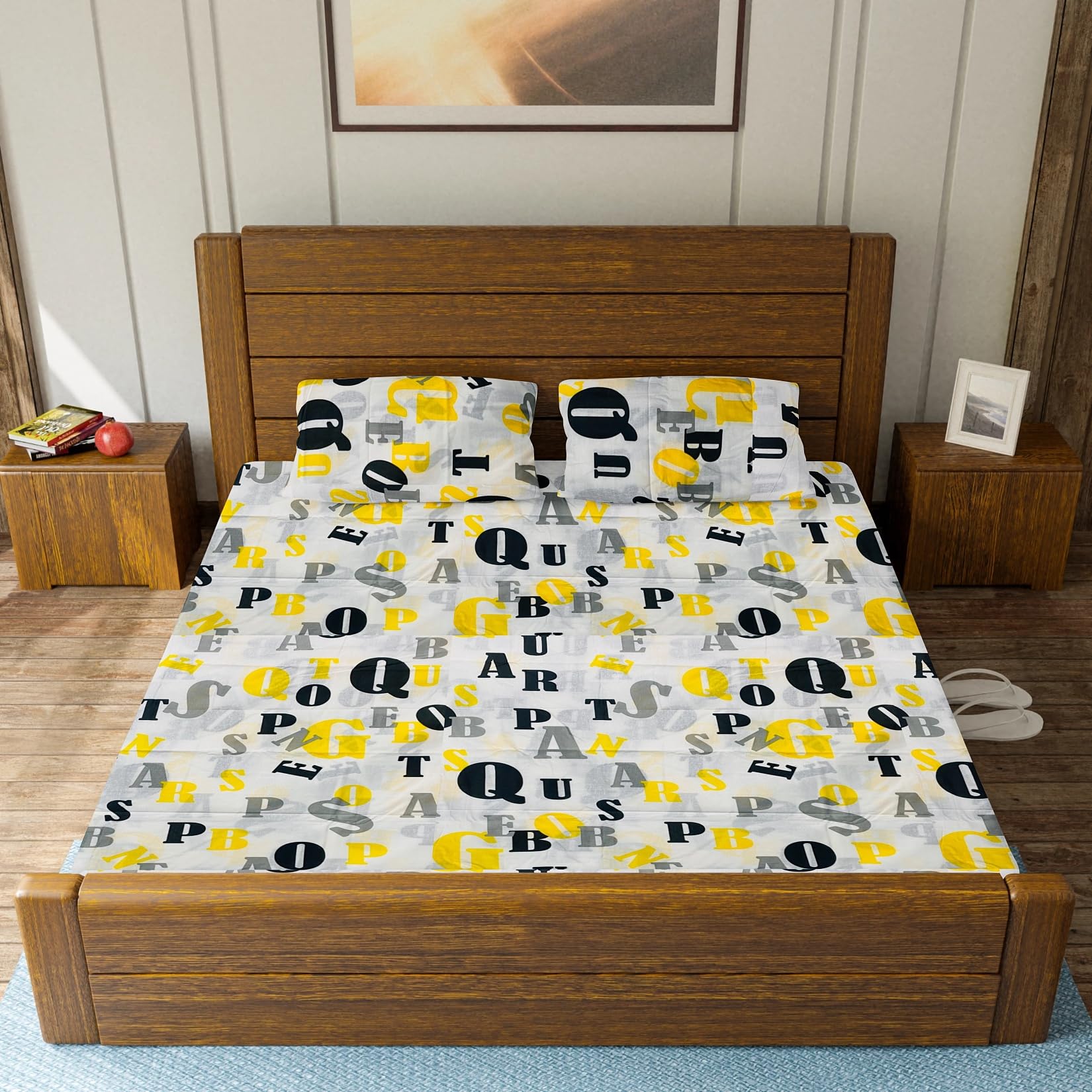HOME + STUDIO 180 TC 100% Cotton Double Bedsheet with 2 Pillow Cover - Stylish Prints, Soft and Durable (King, Alphabet)