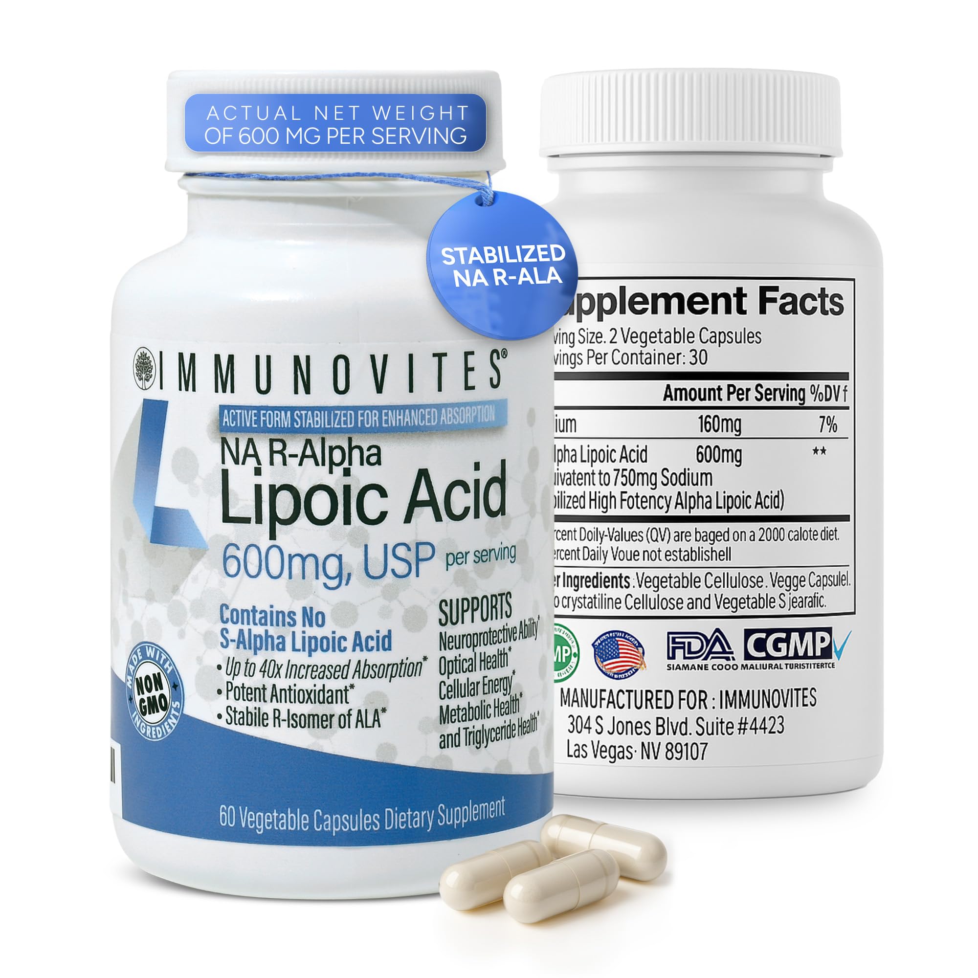 IMMUNOVITES Stabilized R-Alpha Lipoic Acid ((True)) 600mg per Serving [[High Potency & up to 40x Increased Absorption]] (Na R-ALA) (Na R-LA) (Na R-Lipoate) (1 Bottle) — Amazon image 9