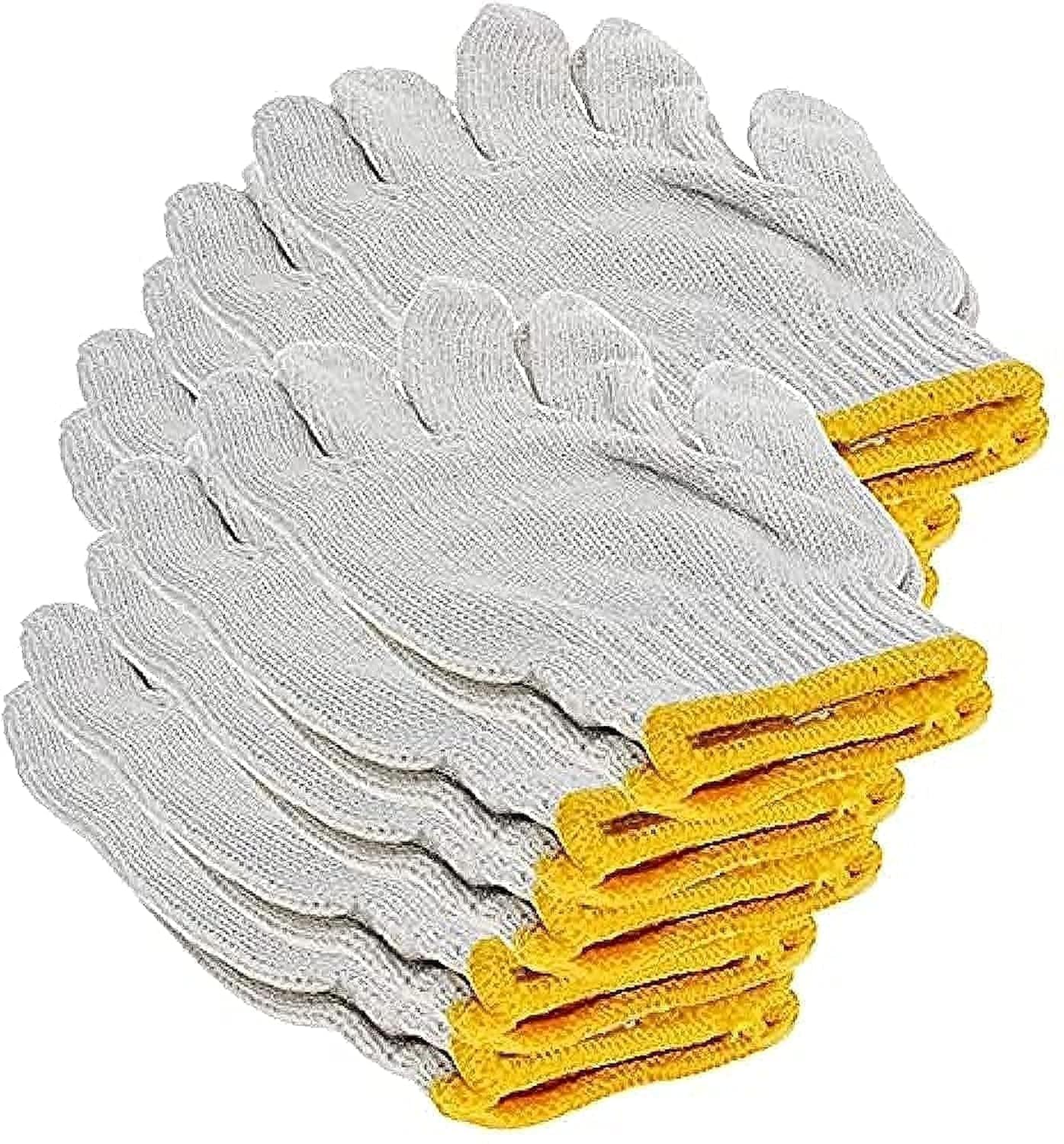 AQSON White Gloves with Yellow Edge Washable Glove Cotton Gloves Plain Seamless Workwear Gloves Protective Industrial Work Gloves Good for Wood Worker Factory Working 12 Pairs