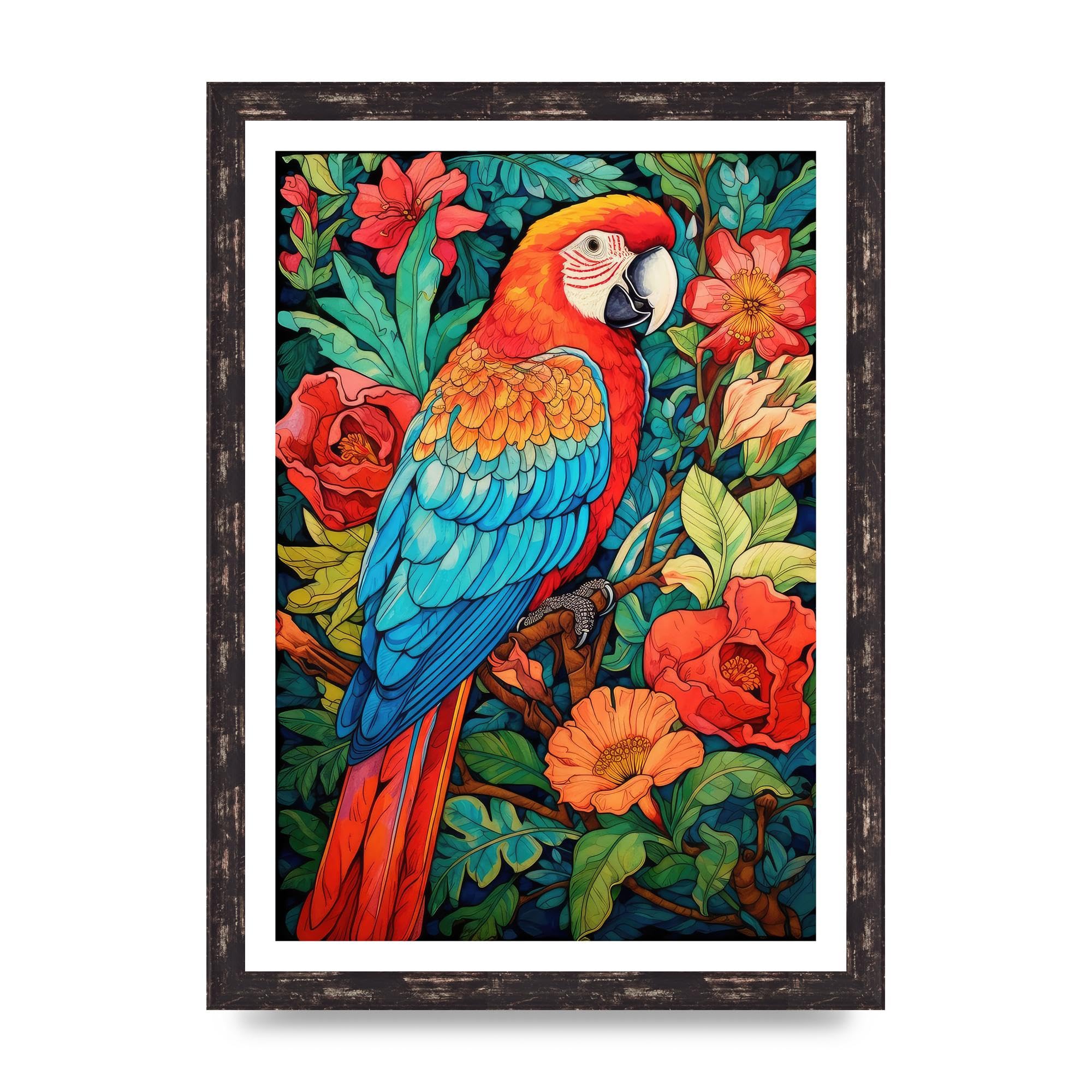 LithobeeVibrant Parrot Botanical Art Home Wall Art Prints in Sizes A2, A3 & A4 Framed in a Stylish Quality Coloured Frame or Unframed - A3 Brown Distressed Frame