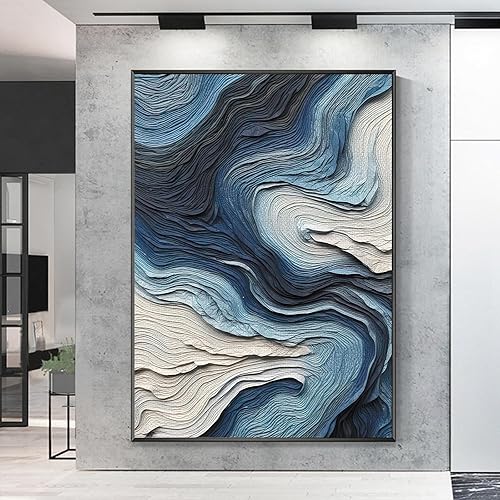 Blue Abstract Textured Wall Art Blue White Gray Painting Dark Abstract Art Modern Abstract Painting Blue Silver Wall Art Navy Blue Oil Painting Ocean Line Art for Living Room 16x24inch No Frame