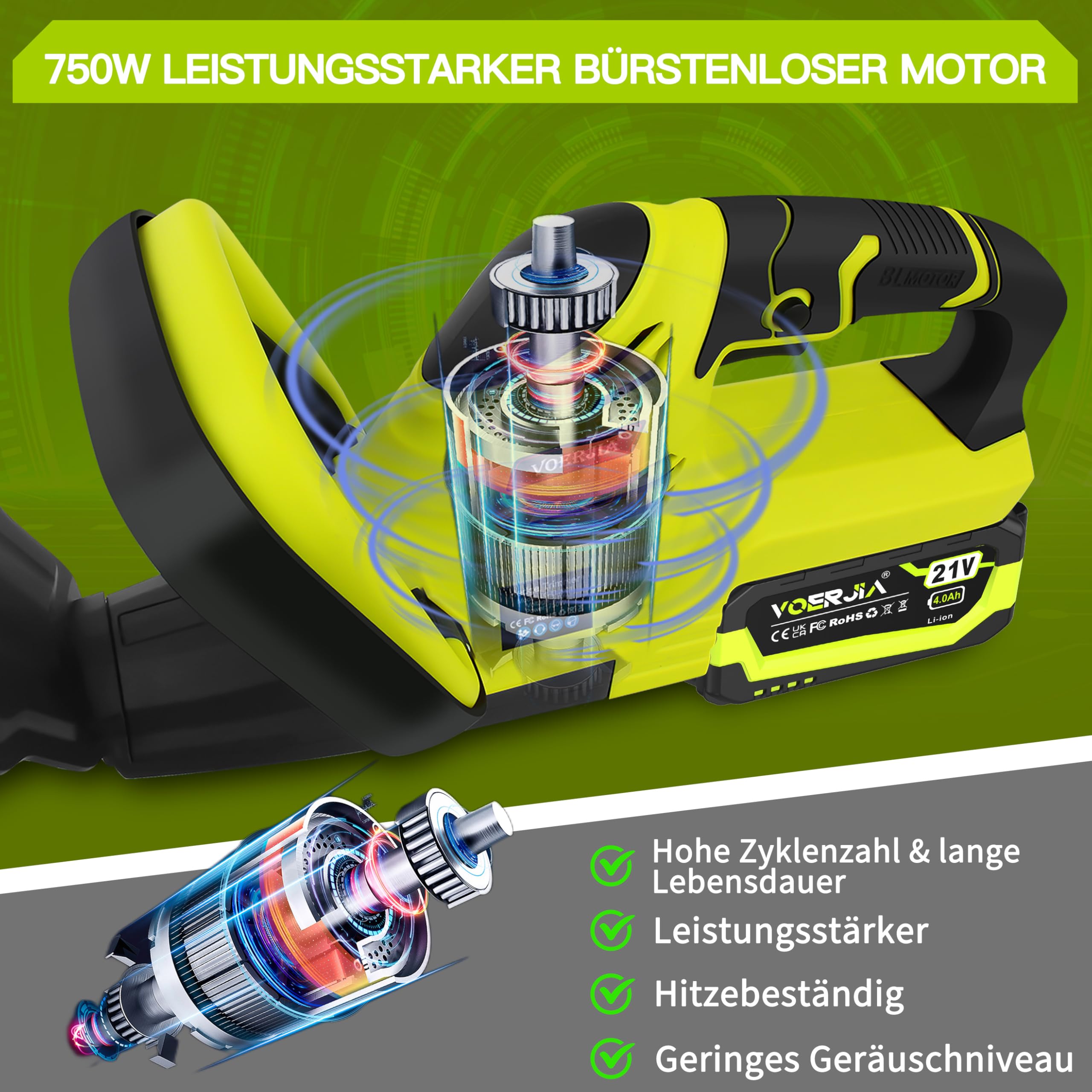 Taille-haie sans Fil VOERJIA 21V 2 Batteries 4,0 Ah Chargeur Moteur sans balais 750 W Double Lame 50 cm (20 Pouces) LED