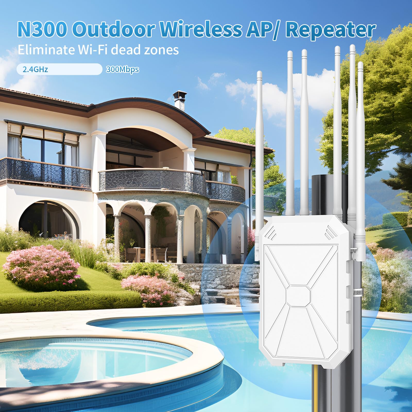 N300 Outdoor WLAN Repeater mit 6 Antennen, Outdoor Langstrecken WLAN Verstärker, IP67 Wetterfest, Passive PoE, AP/Router/Repeater Modi, Ethernet-Anschluss, für Cortile, Parcheggio, Gärten, Camera