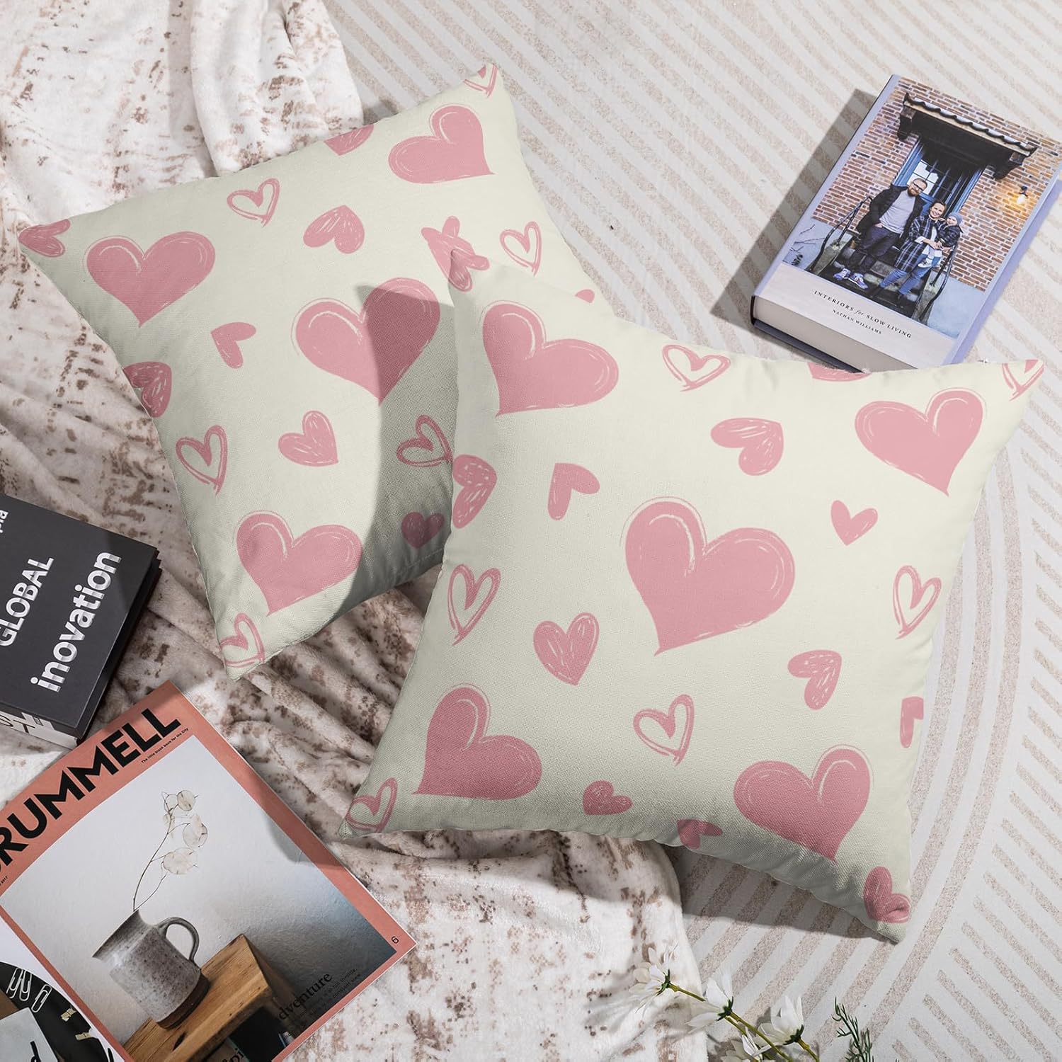 Light Pink Cream White Valentines Pillow Covers 24X24 Set of 2, Valentine's Day Love Heart Print Decorative Throw Pillow Covers Outdoor Farmhouse Holiday Decorations Cushion Case Couch Sofa Bed Decor