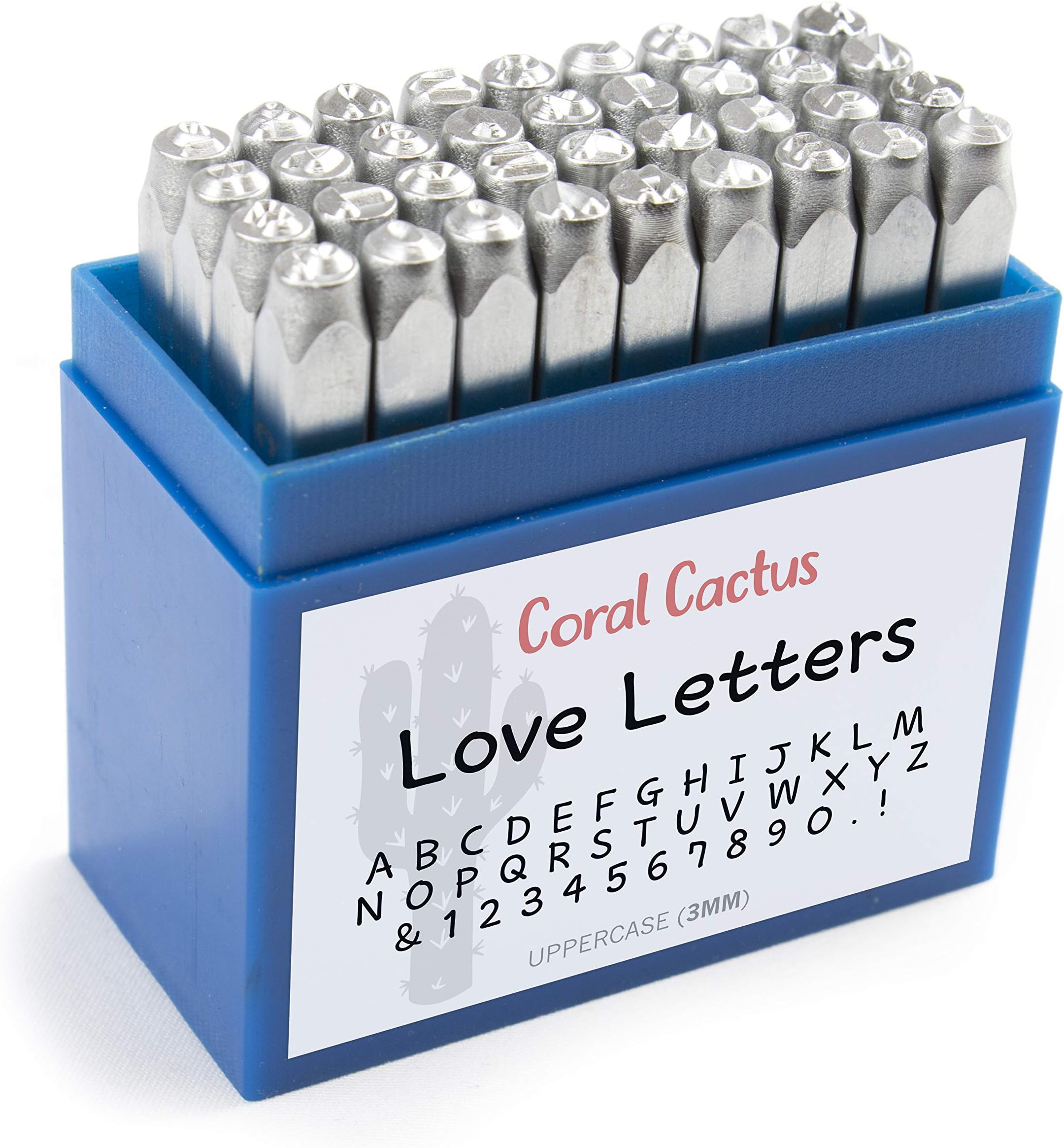 Custom Font Number and Letter Stamping Tool Case (36 Uppercase Stamps/Alphabet 0-9 & !) 1/8 inch (3mm) Letters, Numbers, Symbols - Hard Carbon Steel Tools - Stamp/Punch Metal, Jewelry, Leather, Wood