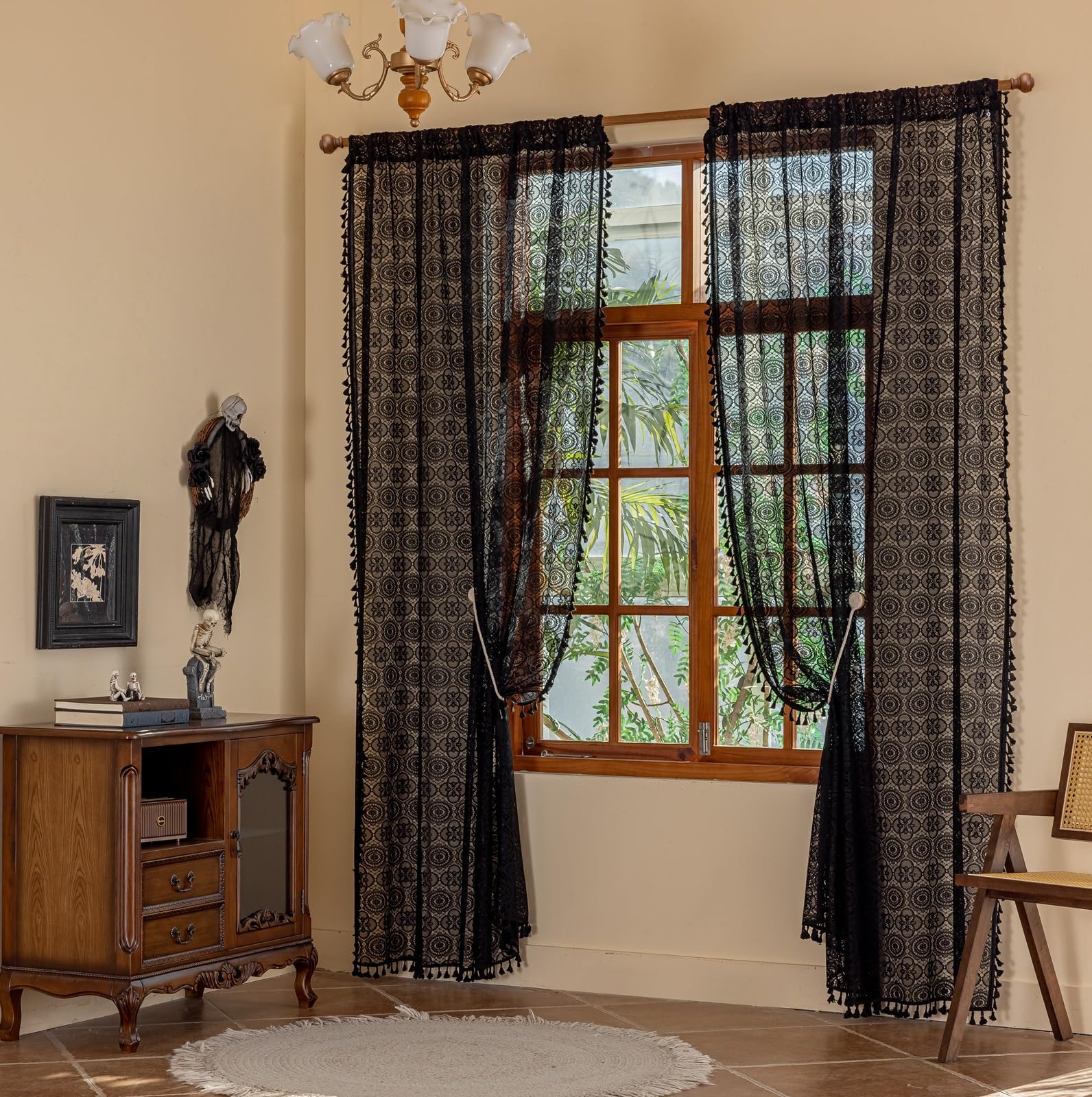 YJ YANJUN Boho Lace Curtains 96 inches Long 2 Panels -Vintage Floral Crochet Sheer Panels with Tassel for Living Room Bedroom Light Filtering Victorian Gothic Halloween Witchy Drapes Black W59 x L96 โ image 1