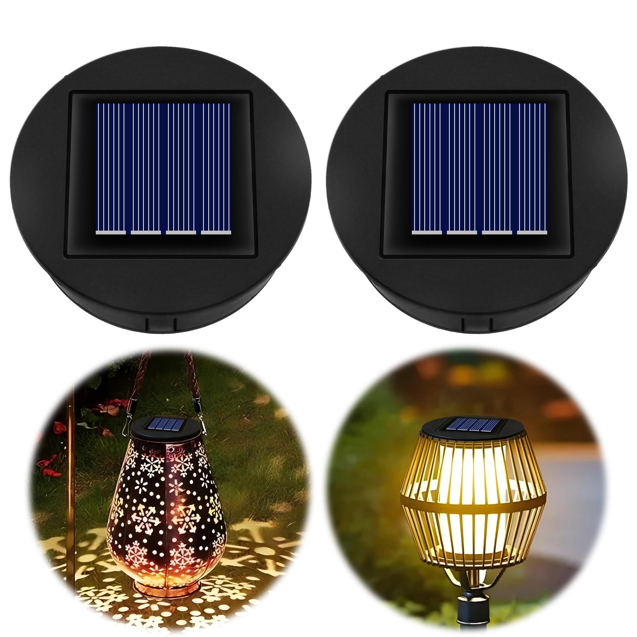 Solar Light Top 8cm for Outside Lanterns, 1.2V 600mAh, IP44 Solar Panels With Warm LED Light, Replacement Unit for Garden Lantern Lamp, 2PCS